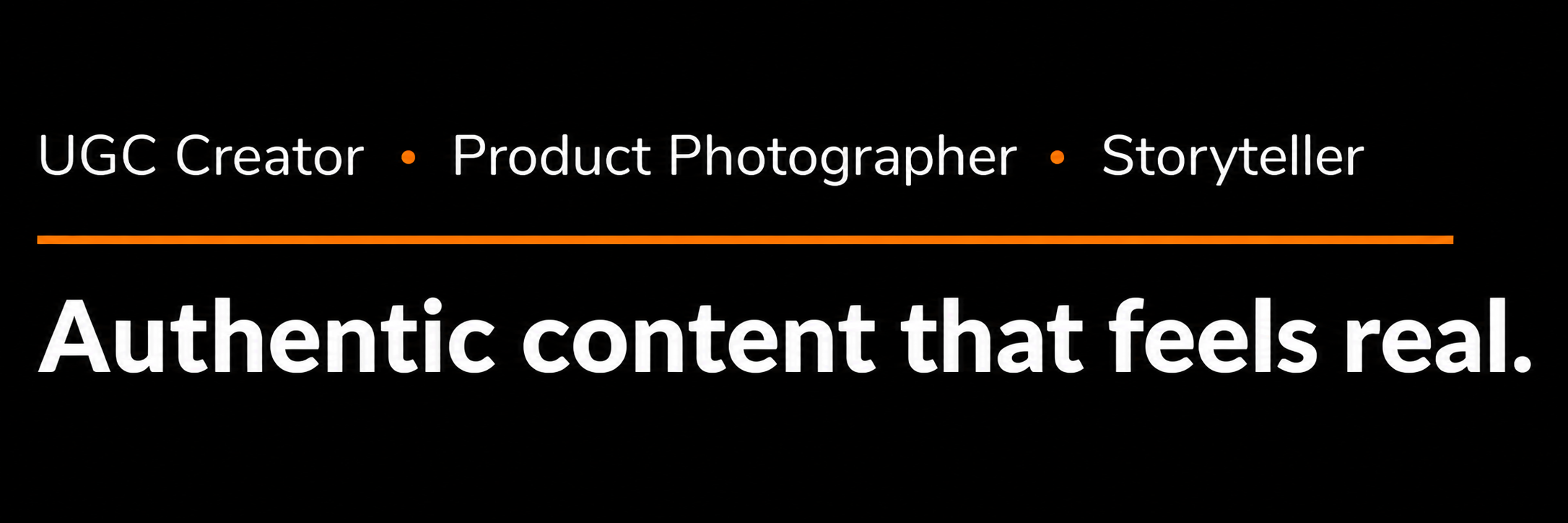 Black background with text and orange line promoting content creation and storytelling