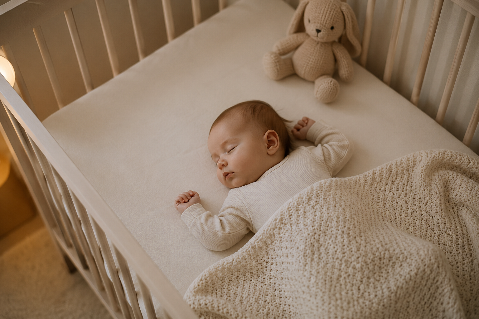 A baby sleeping in a crib, covered with a beige knitted blanket, with a stuffed bunny on the mattress, in a cozy nursery.