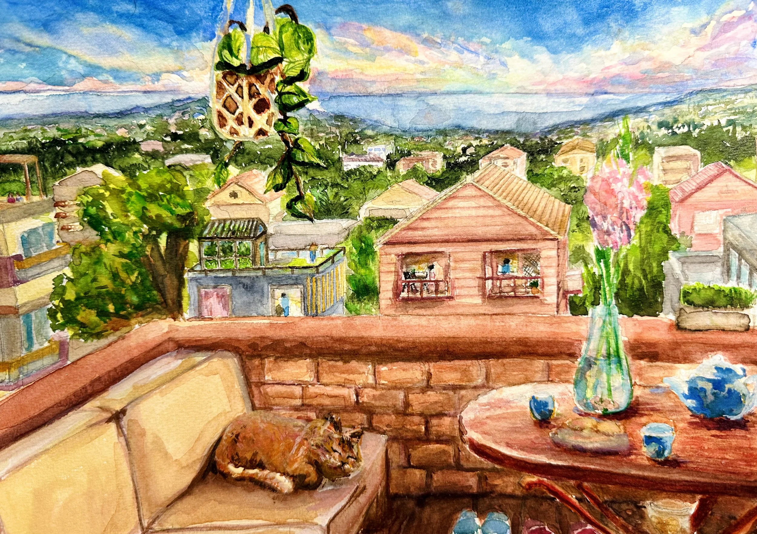 Huy Lim Kha - Haze Series - Watercolour suburb balcony painting