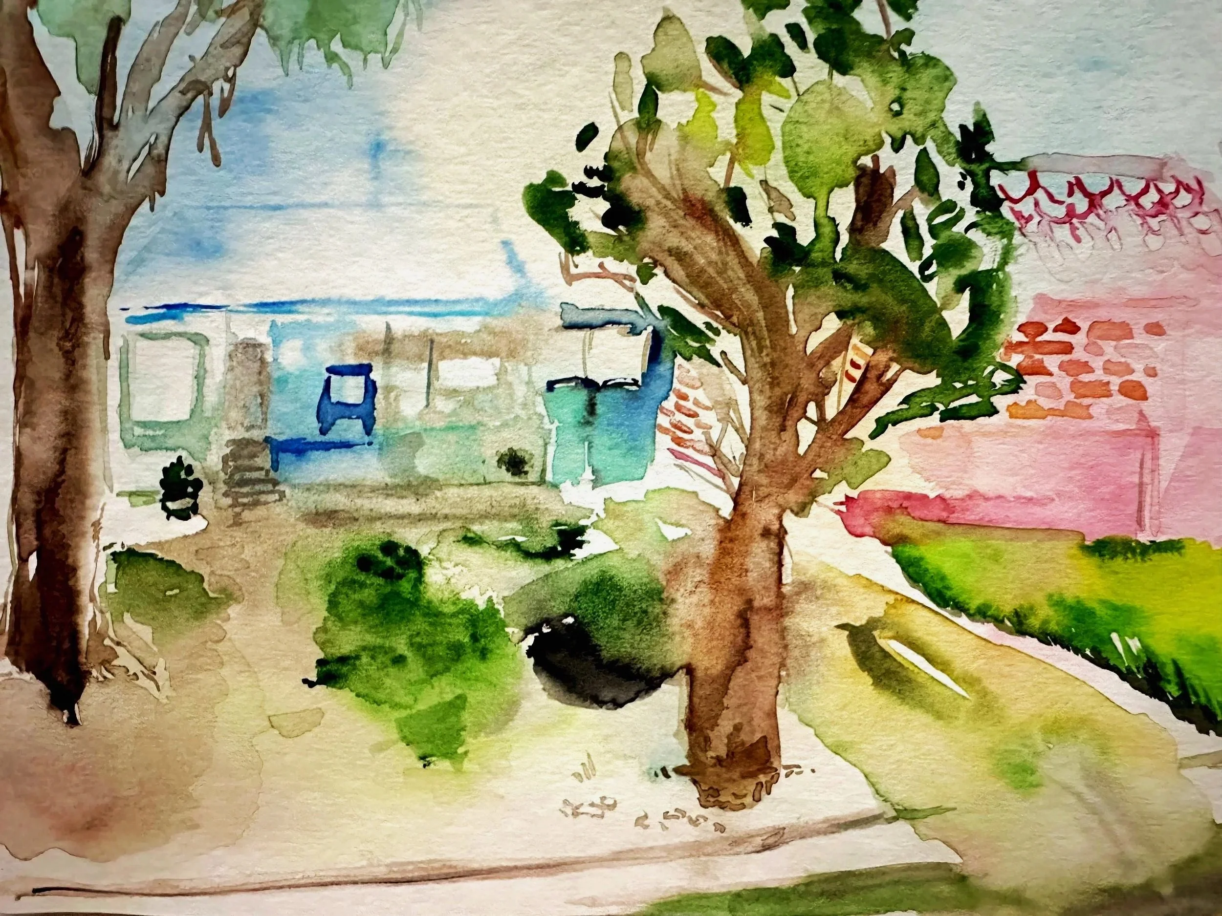 Huy Lim Kha - Blue Swing (2026) - Haze Series - Watercolor painting of a house - aphantasia art