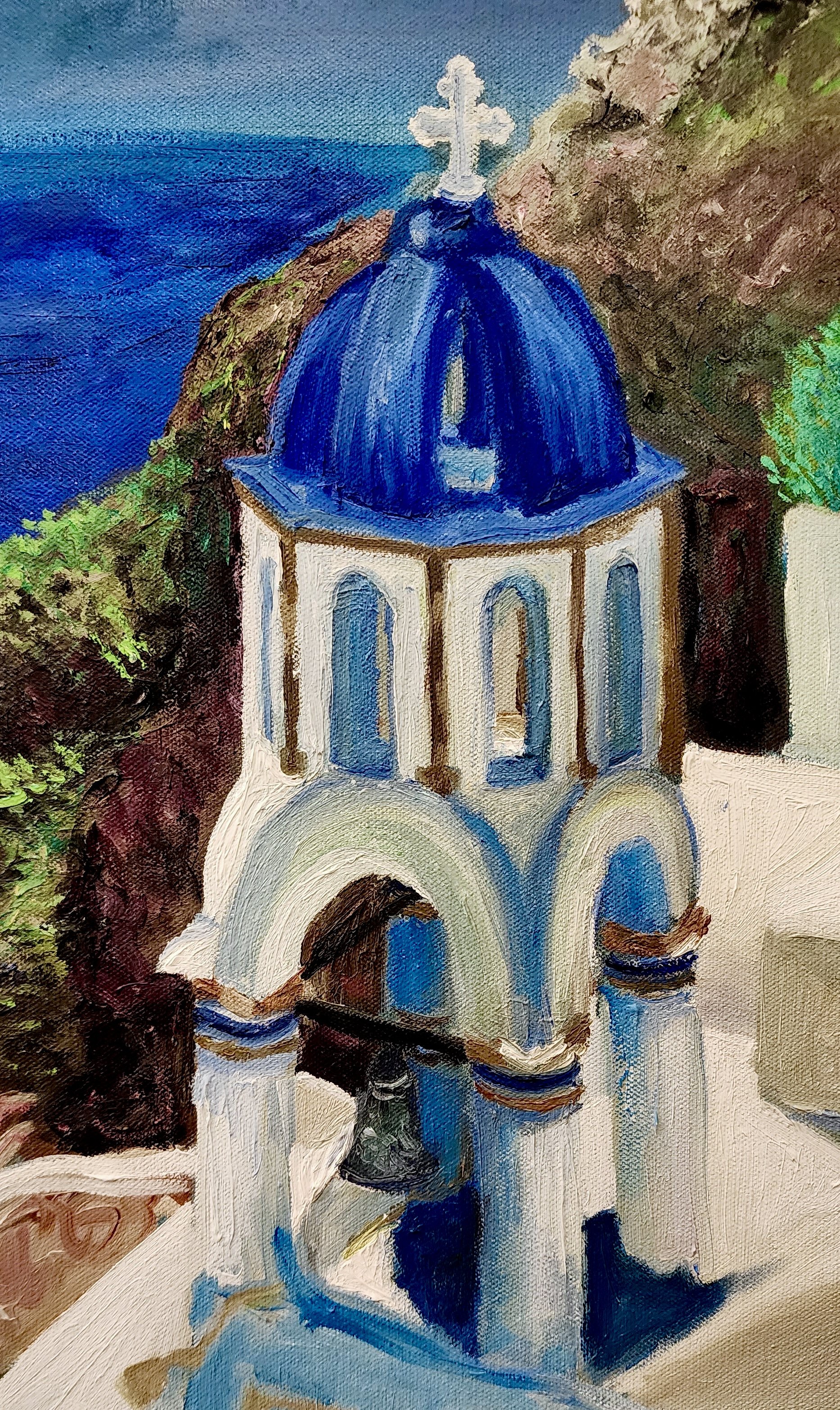 Santorini oia oil painting blue bells