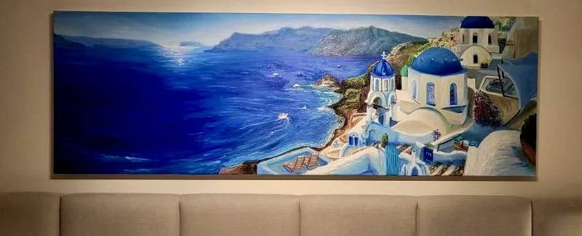 Santorini oia oil painting blue bells