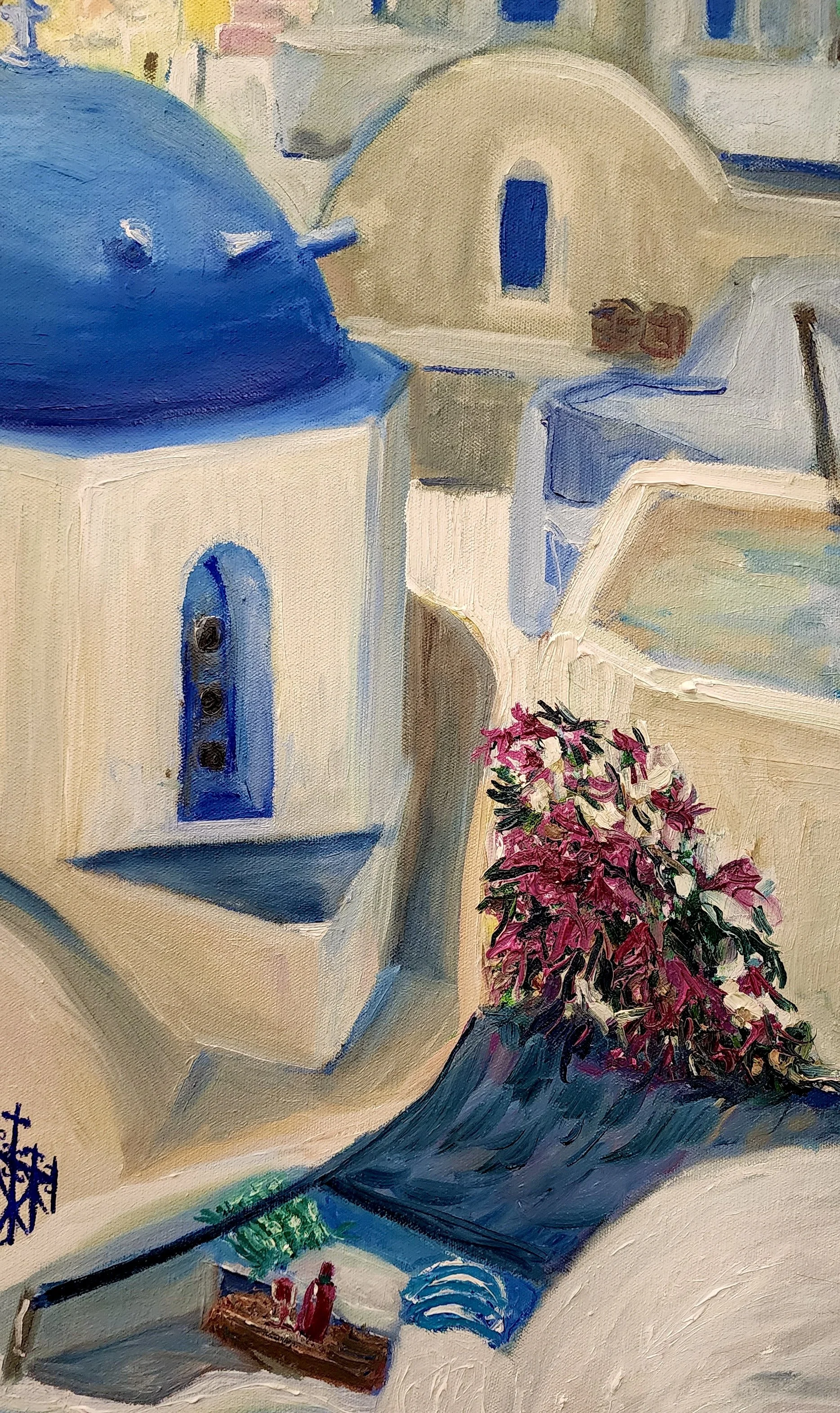 Santorini oia oil painting blue bells