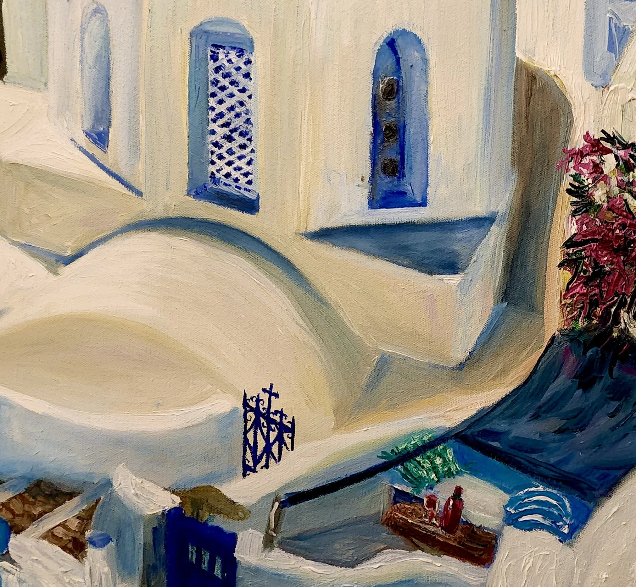 Santorini oia oil painting blue bells
