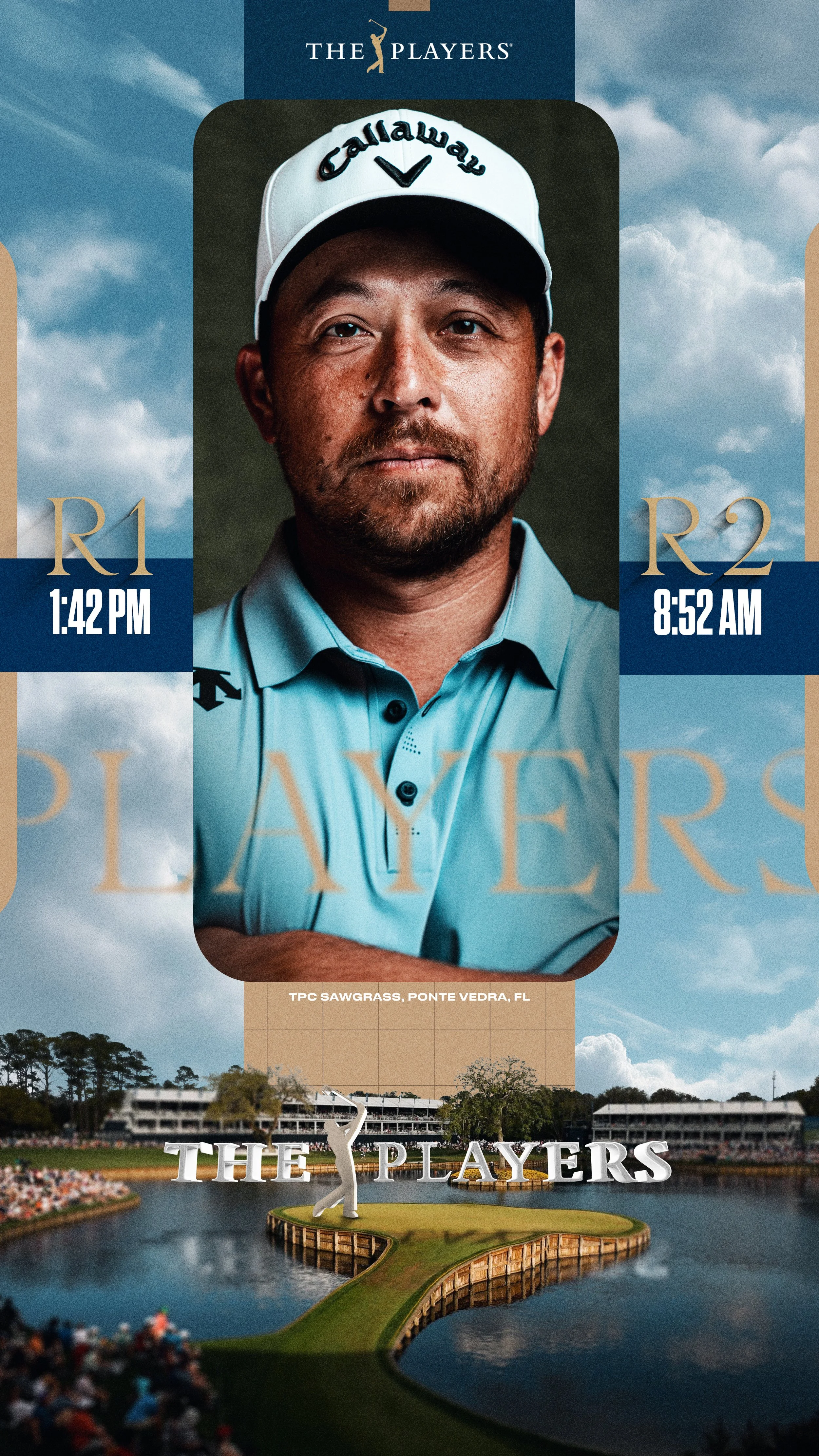 A promotional poster for The Players golf tournament features a close-up of a man wearing a Callaway golf cap and a light blue polo shirt, with information about the tournament dates and location in Ponte Vedra, Florida.