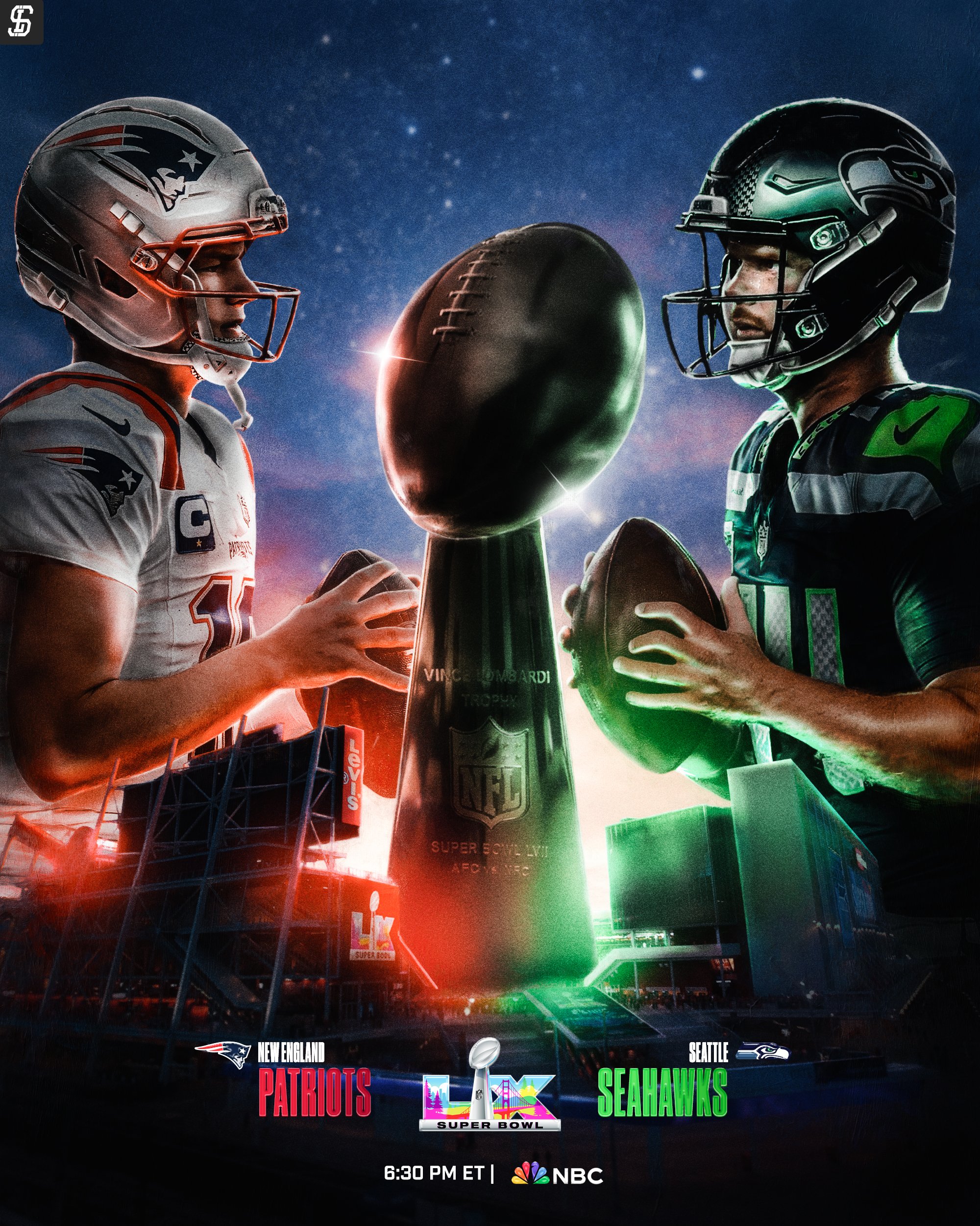 Night scene of a Super Bowl football game poster featuring a close-up of a red and black New England Patriots football helmet on the left and a green and black Seattle Seahawks football helmet on the right, with a Super Bowl Trophy and a large footba