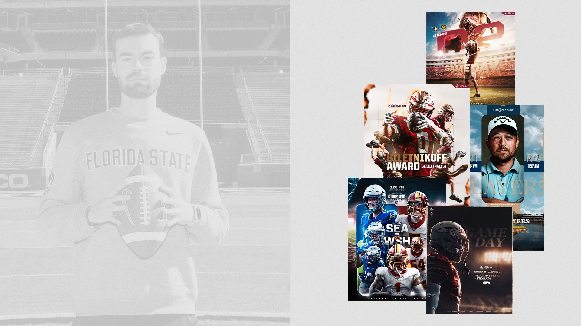 Collection of sports event posters, including football, American football, and racing, with a black and white photo of a football player holding a football in the background.