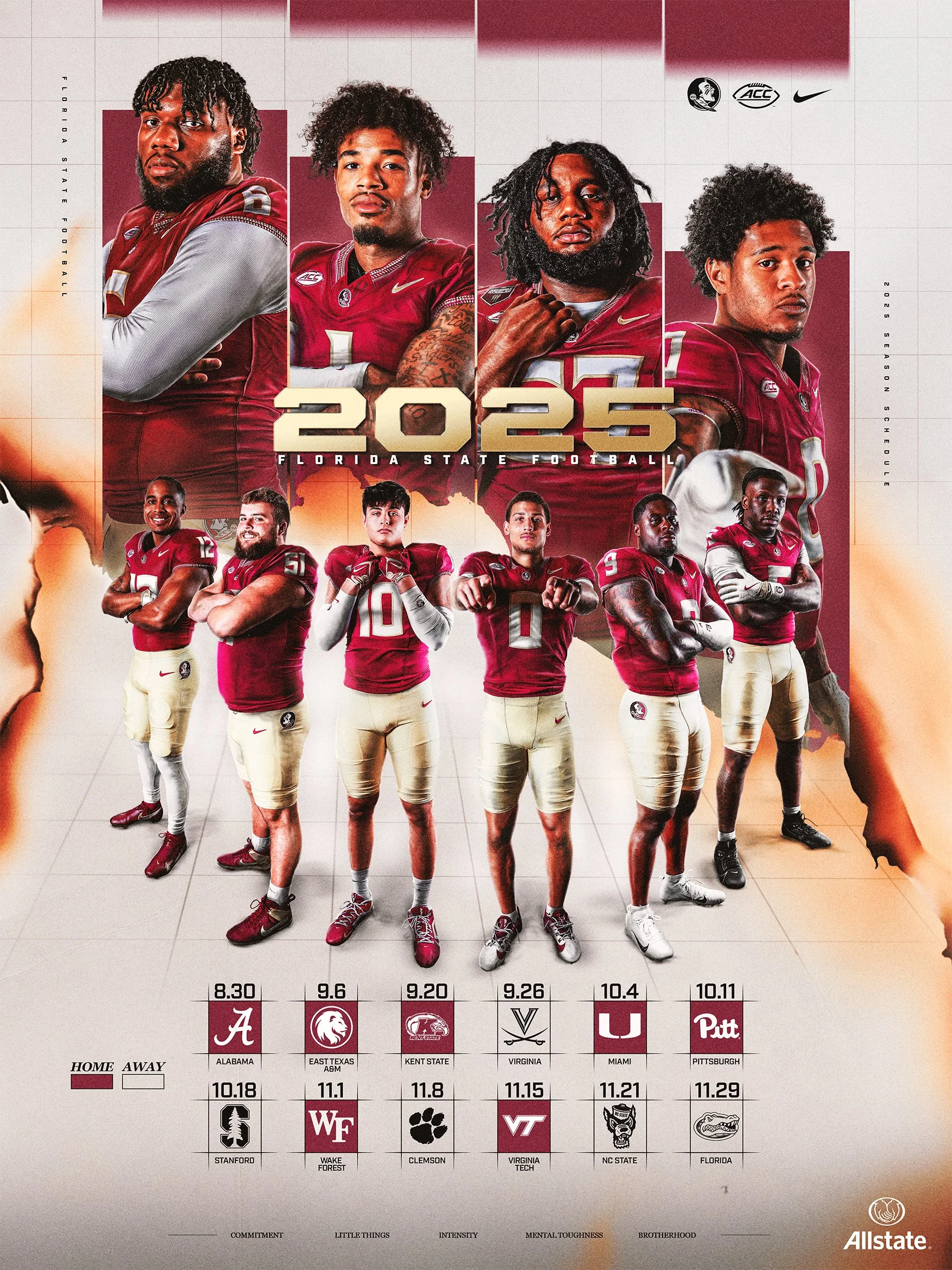 A graphic showing the 2025 Florida State football schedule with team logos, game dates, and rankings. Top section displays four football players in red and white uniforms, with team logos and sponsors above. Bottom section lists games against Alabama, East Texas, Kent State, Virginia, Miami, Pittsburgh, Stanford, Wake Forest, Clemson, Virginia Tech, NC State, and Florida, along with game dates.