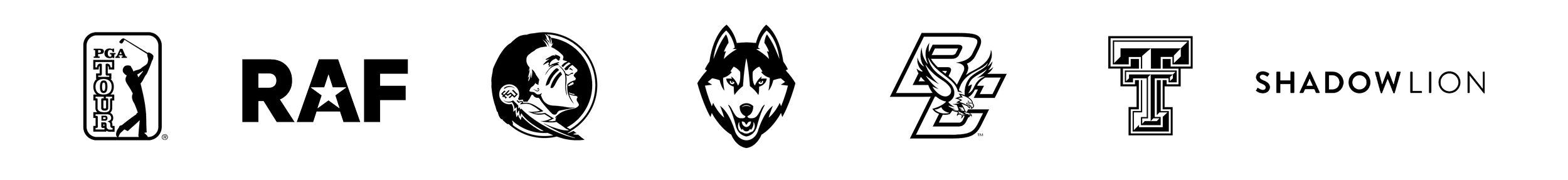 A collection of military and aviation logos including the Royal Air Force, a naval emblem, and others, all in black and white on a black background.