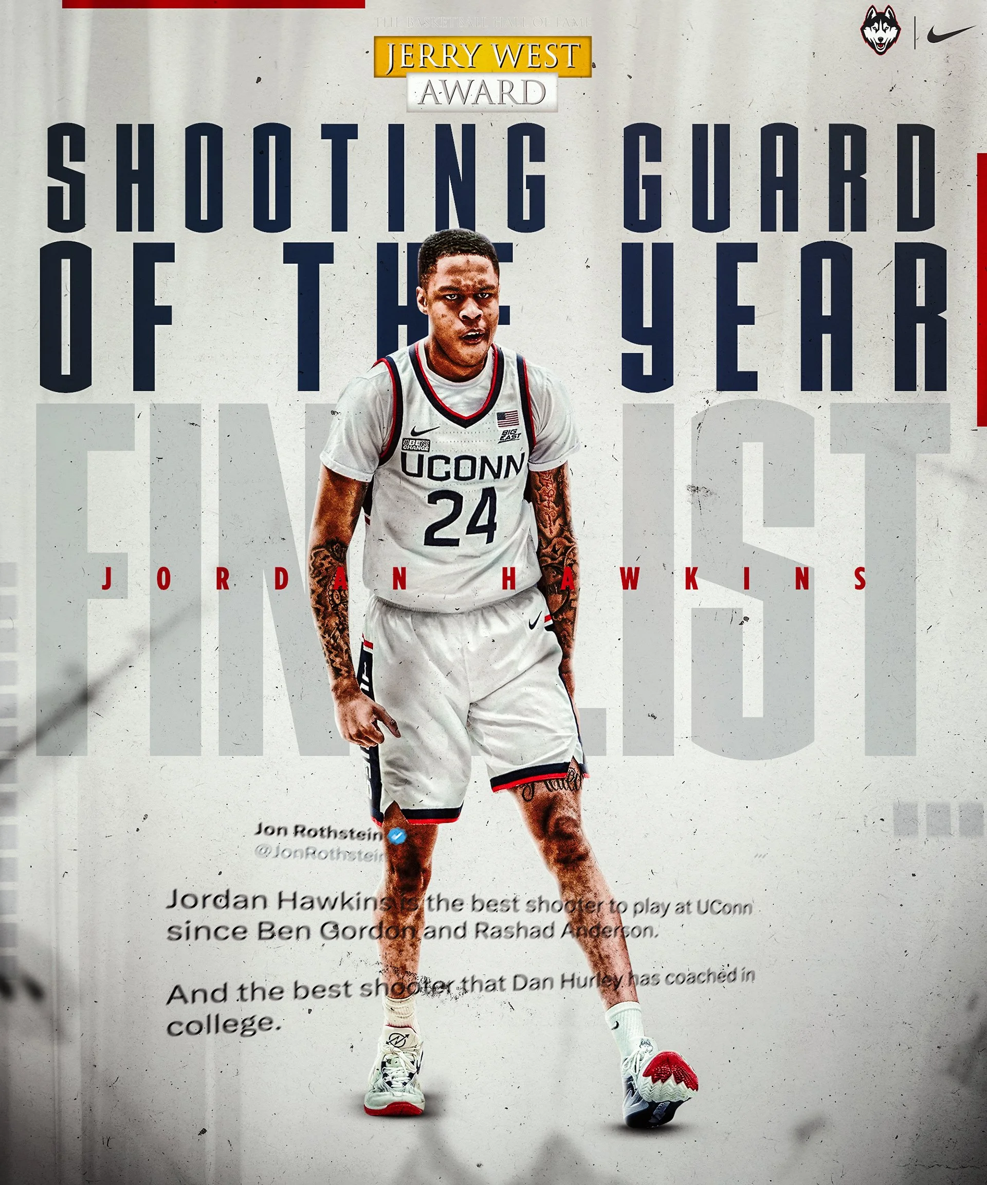 Magazine page featuring a basketball player in UConn uniform with tattoos and tattoos on legs, with large text that says 'Shouting Guard of the Year'.