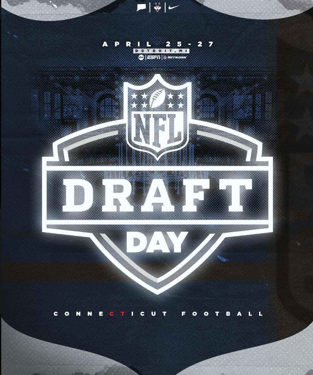 Promotional poster for NFL Draft Day in Detroit, Michigan, happening from April 25 to 27, with logos of the NFL, ESPN, and Nike, and text emphasizing Connecticut football.
