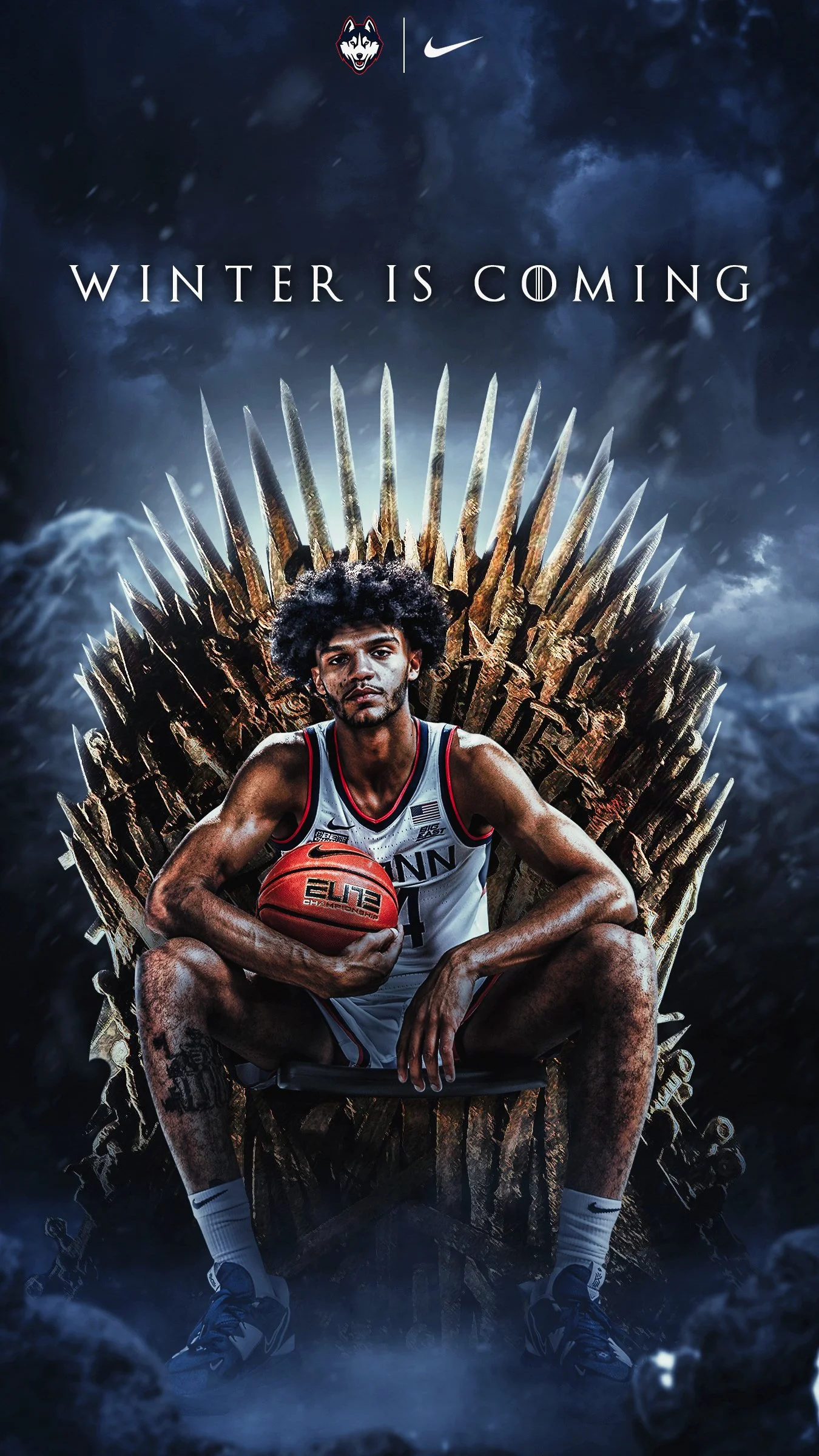 A basketball player sitting on a throne made of swords with a dark cloudy background. The player is holding a basketball and wearing a UConn basketball uniform.