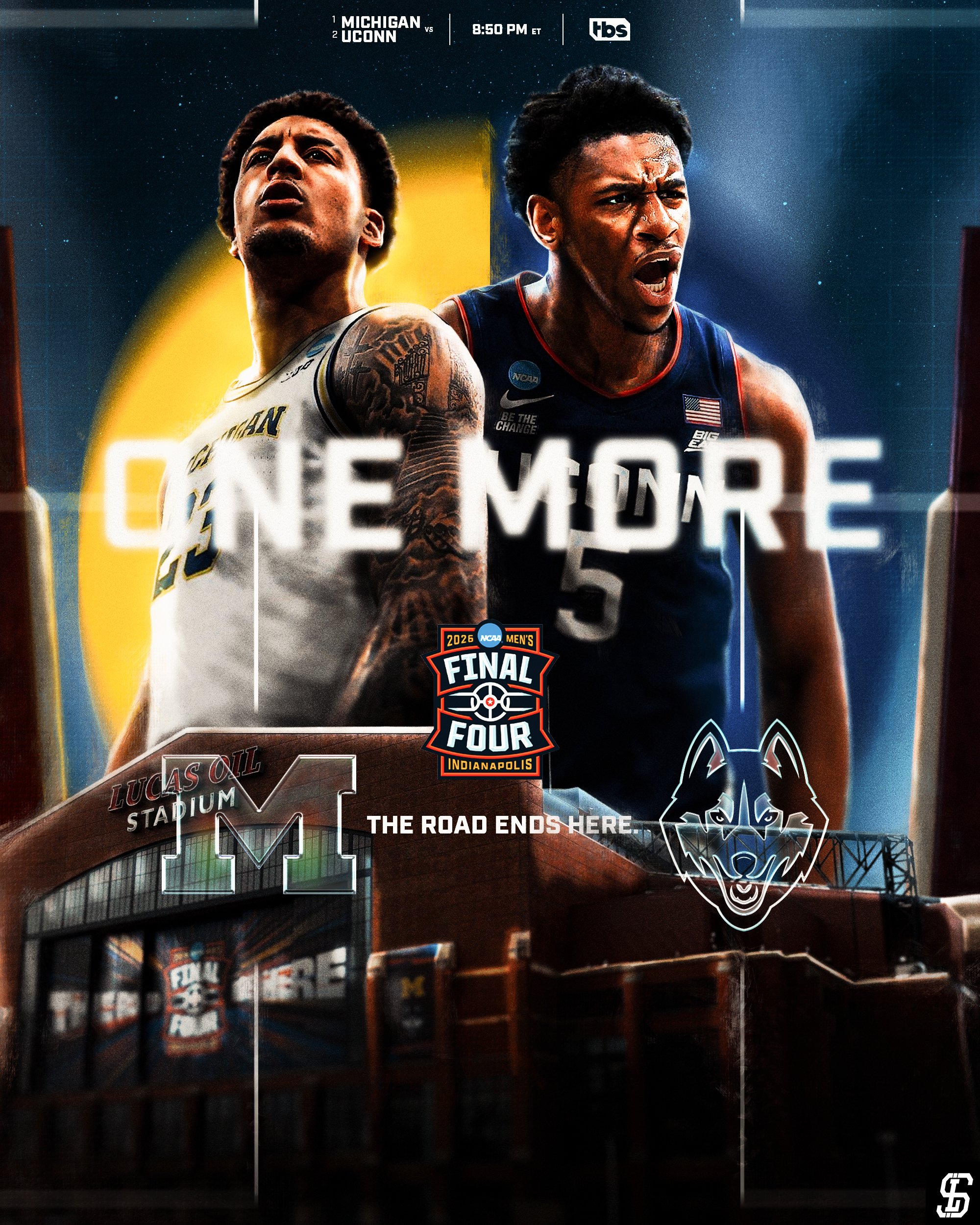 Poster advertising the NCAA men's basketball Final Four 2026 in Indianapolis featuring two basketball players, one from Michigan and the other from UConn, with game time at 8:50 PM ET, and a wolf logo at the bottom right.