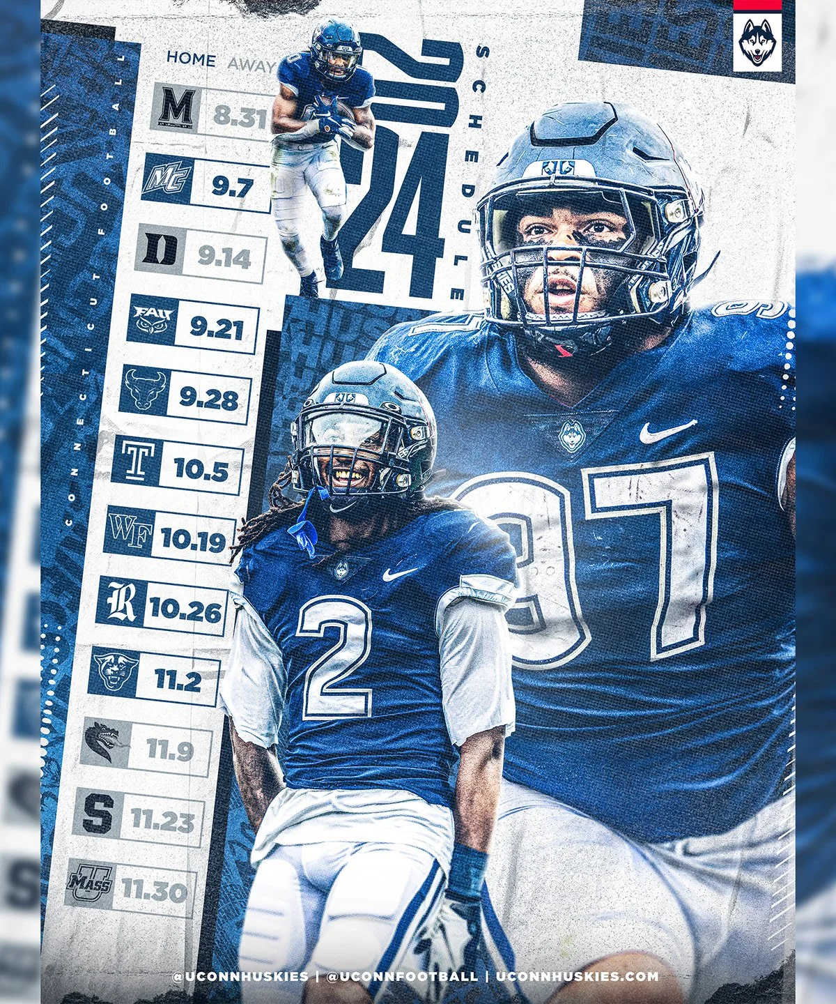 UConn Huskies football players, with an emphasis on player number 11, along with a graphic showing team rankings and statistics.