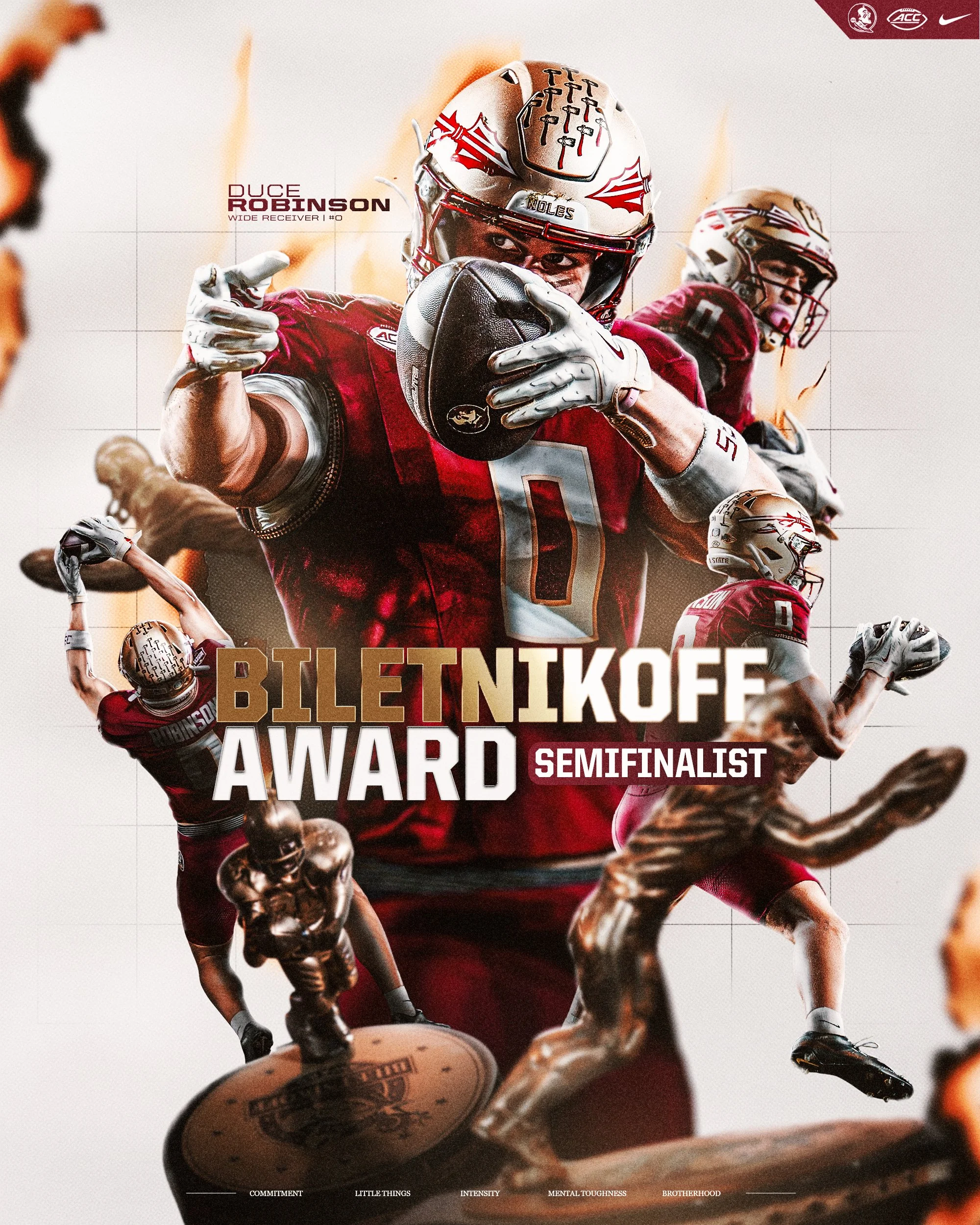 Close-up of a football player in red uniform and helmet holding a football, with other players in the background, on a sports field. Text overlays mention 'BILET NIKOFE AWARD SEMIFINALIST'.