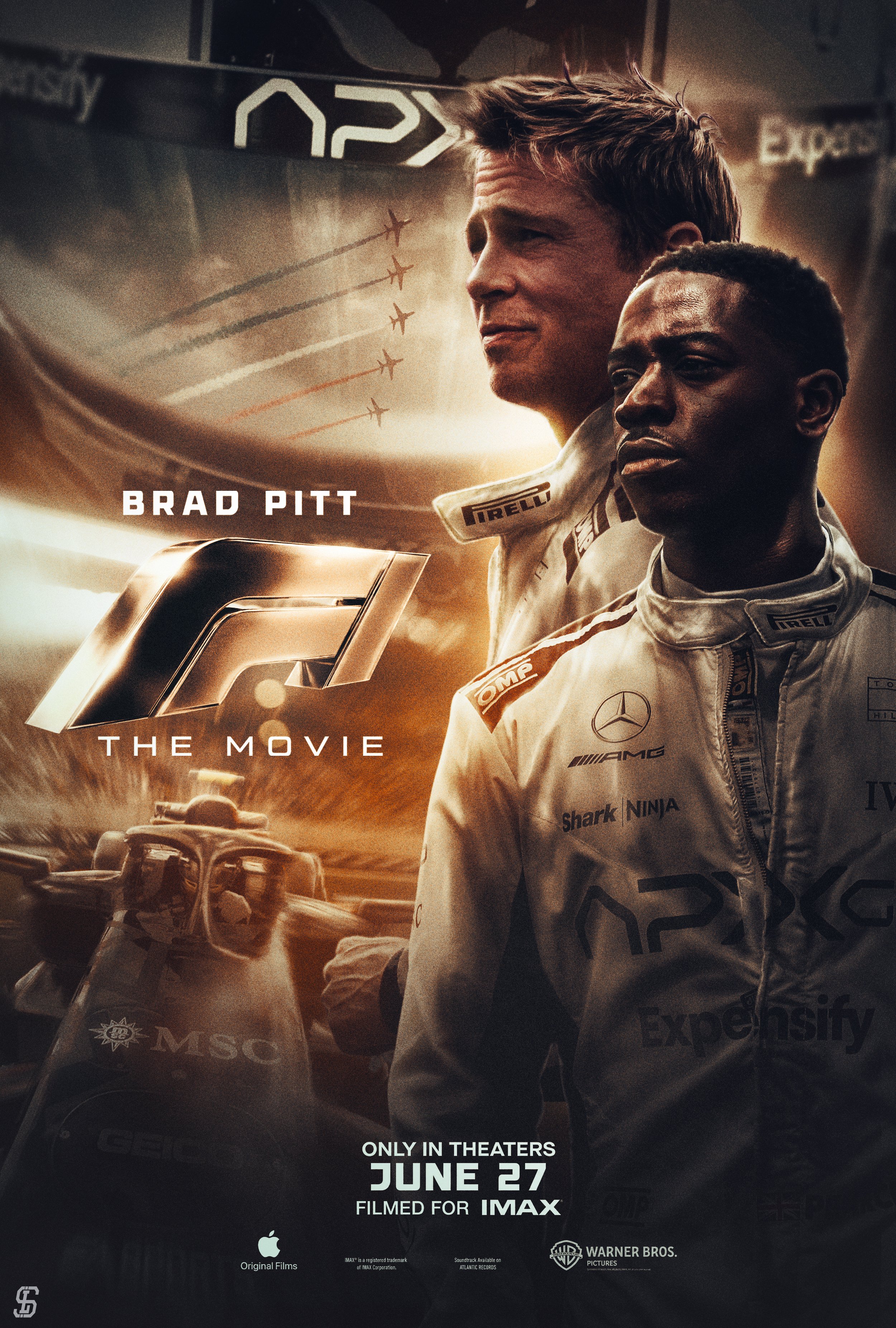 Movie poster for 'Ford vs Ferrari' featuring actors Matt Damon and Christian Bale in racing suits, with a racing car and planes in the background, and text indicating a June 27 release date in theaters.