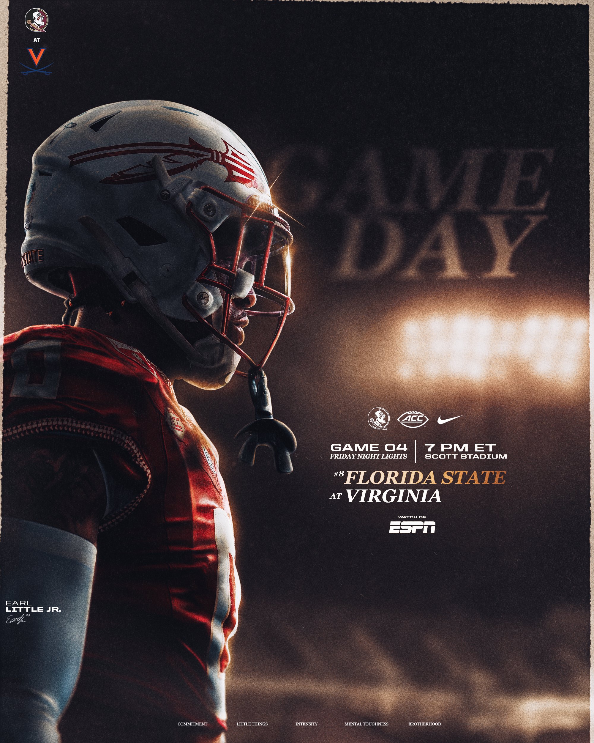 Poster featuring a football player in a red uniform and helmet, with Florida State University branding and game details for an upcoming match against Virginia, scheduled for Friday at 7 PM ET at Scott Stadium, to be broadcast on ESPN.