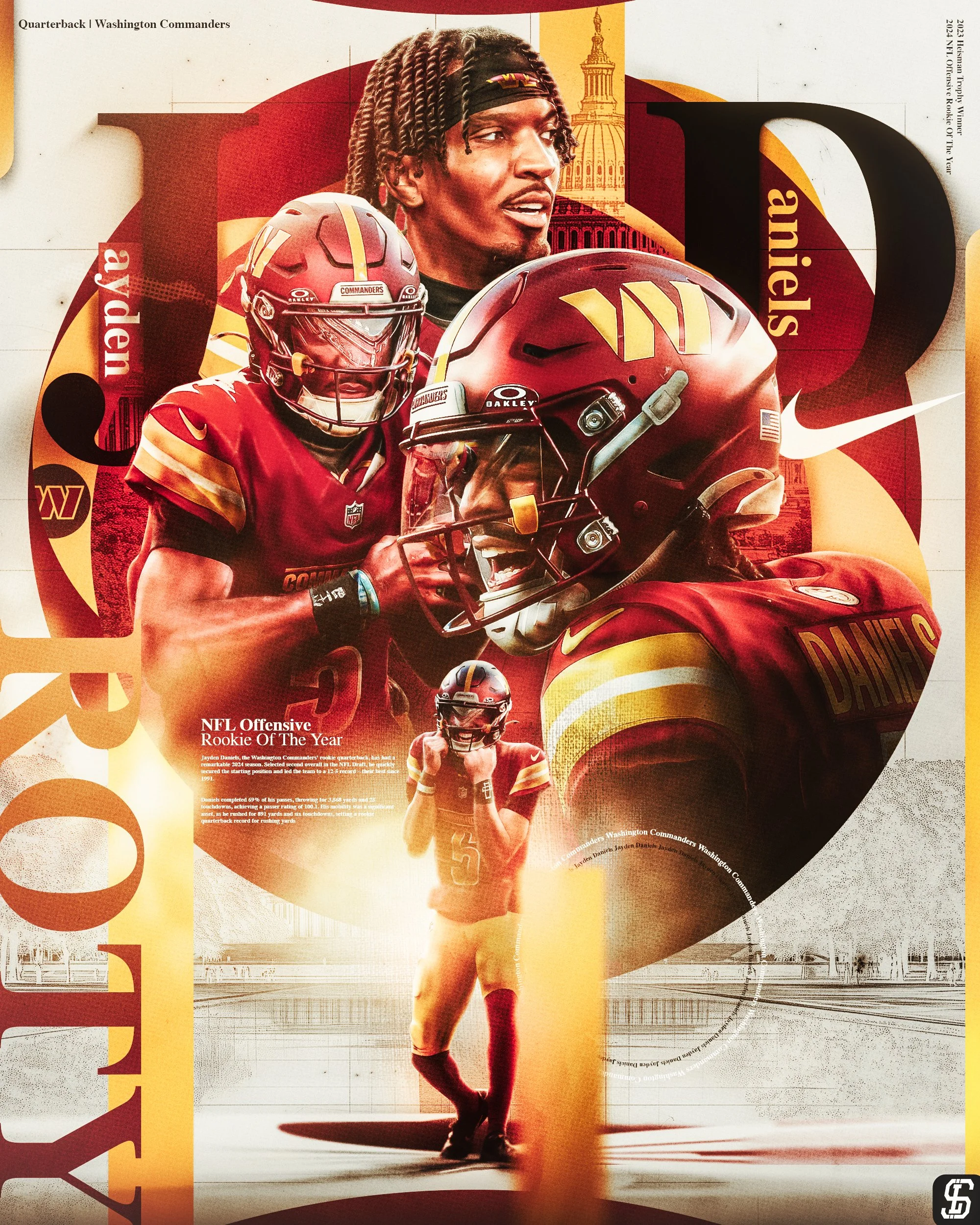 A collage featuring images of Washington Commanders football players, including a quarterback and an offensive player, with helmets and action shots, along with text highlighting awards and achievements.