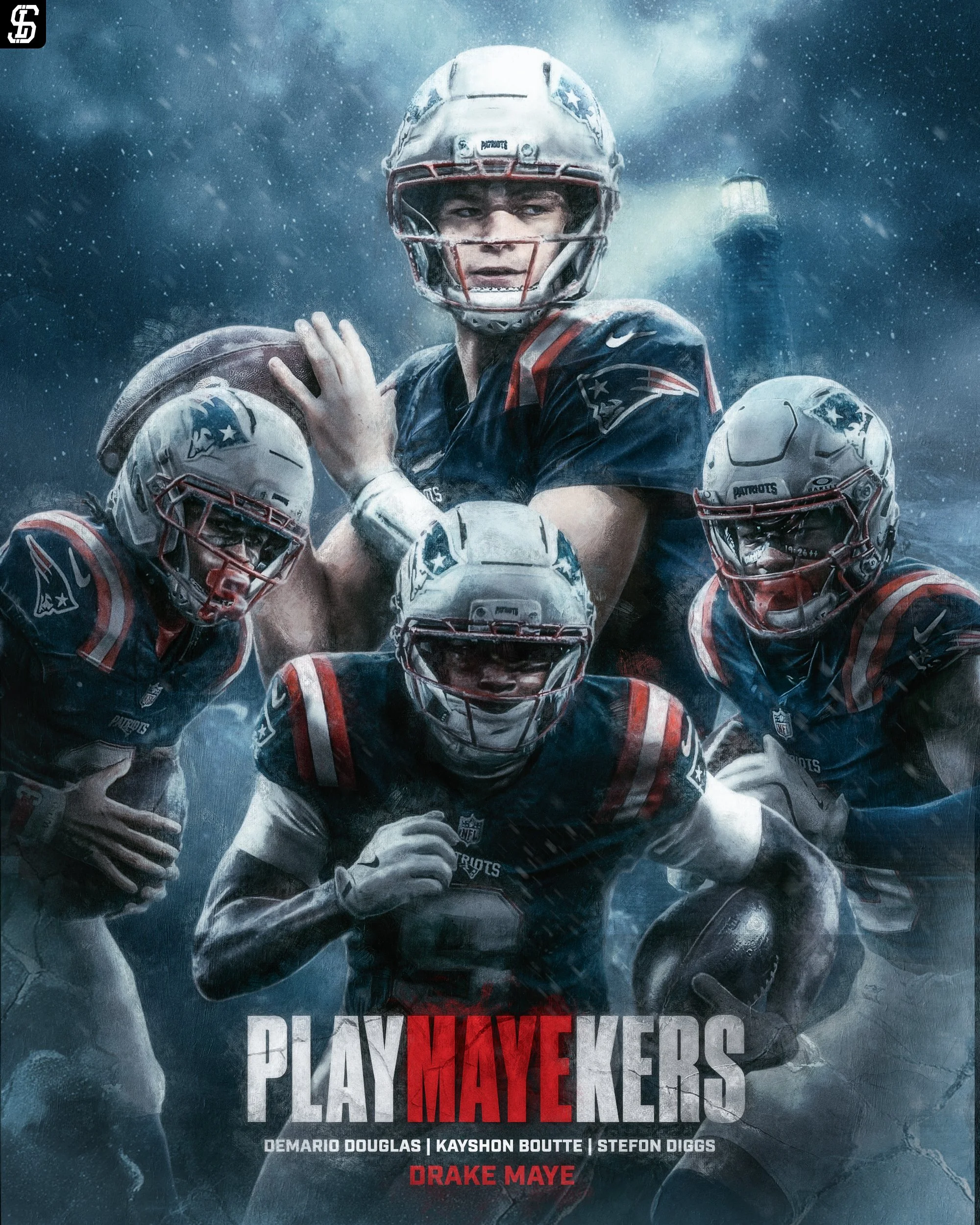 A digital illustration of a football player in New England Patriots gear holding a football, with a lighthouse in the background and stormy weather. The text reads 'PLAYOFF WEEK 03' with team and player names including DeMarino Douglas, Kayshon Boutt