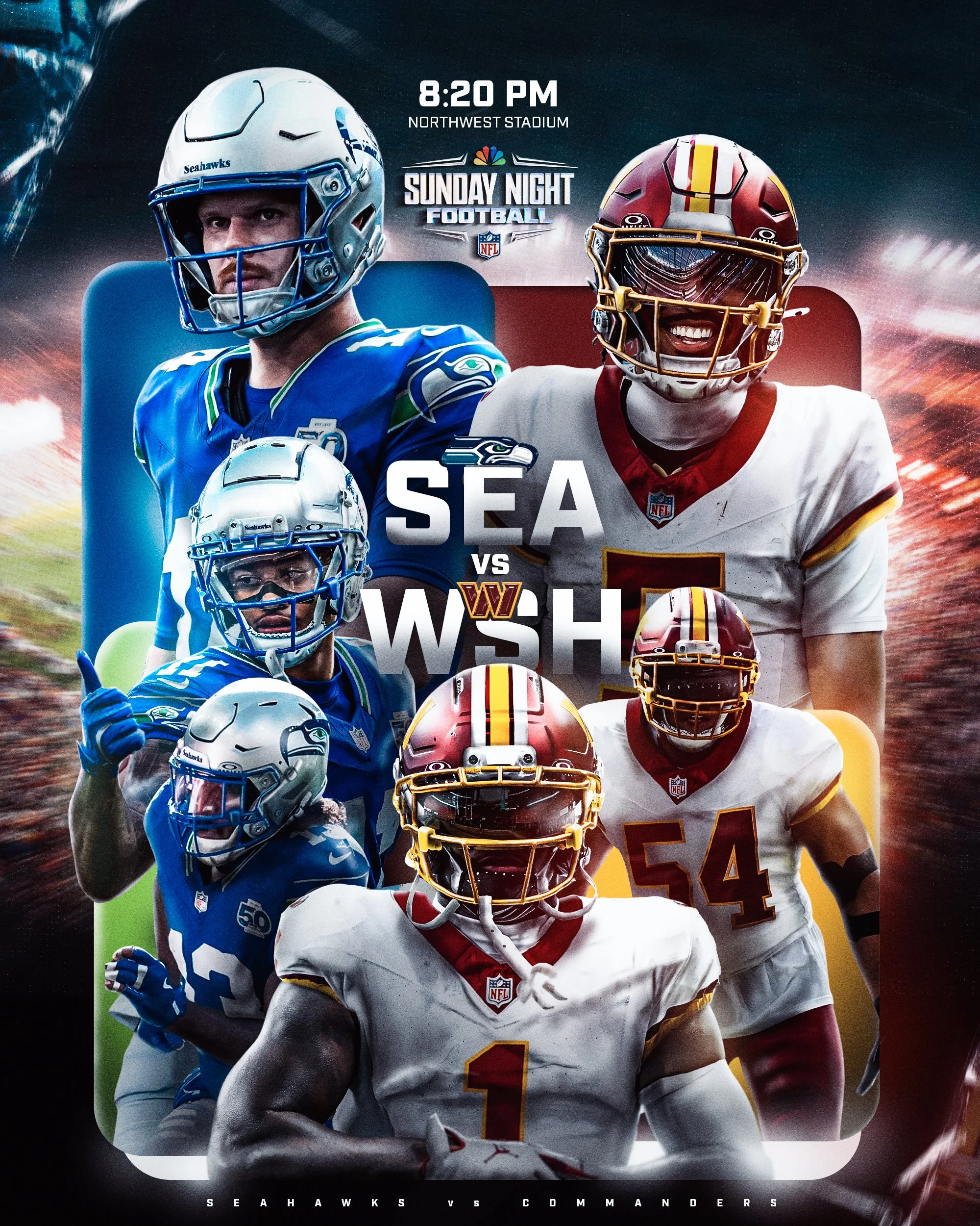 Promotional poster featuring players from Seattle Seahawks and Washington Commanders football teams, with game details at the top indicating Sunday night football at 8:20 PM at Northwest Stadium.