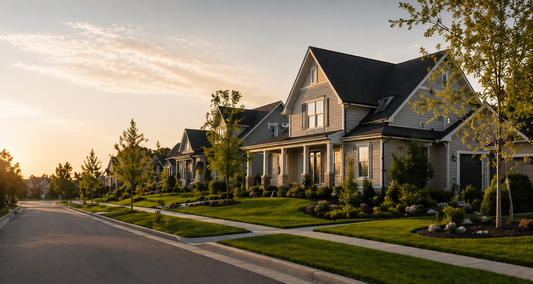 Suburban neighborhood street during sunset with well-maintained lawns, trees, and modern houses.