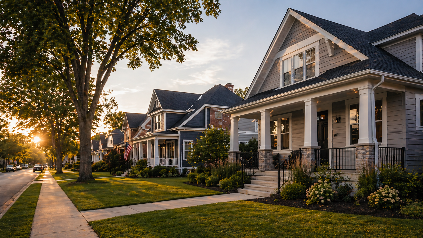 Sunset view of a suburban neighborhood with houses featuring front porches, manicured lawns, and trees along the street.
