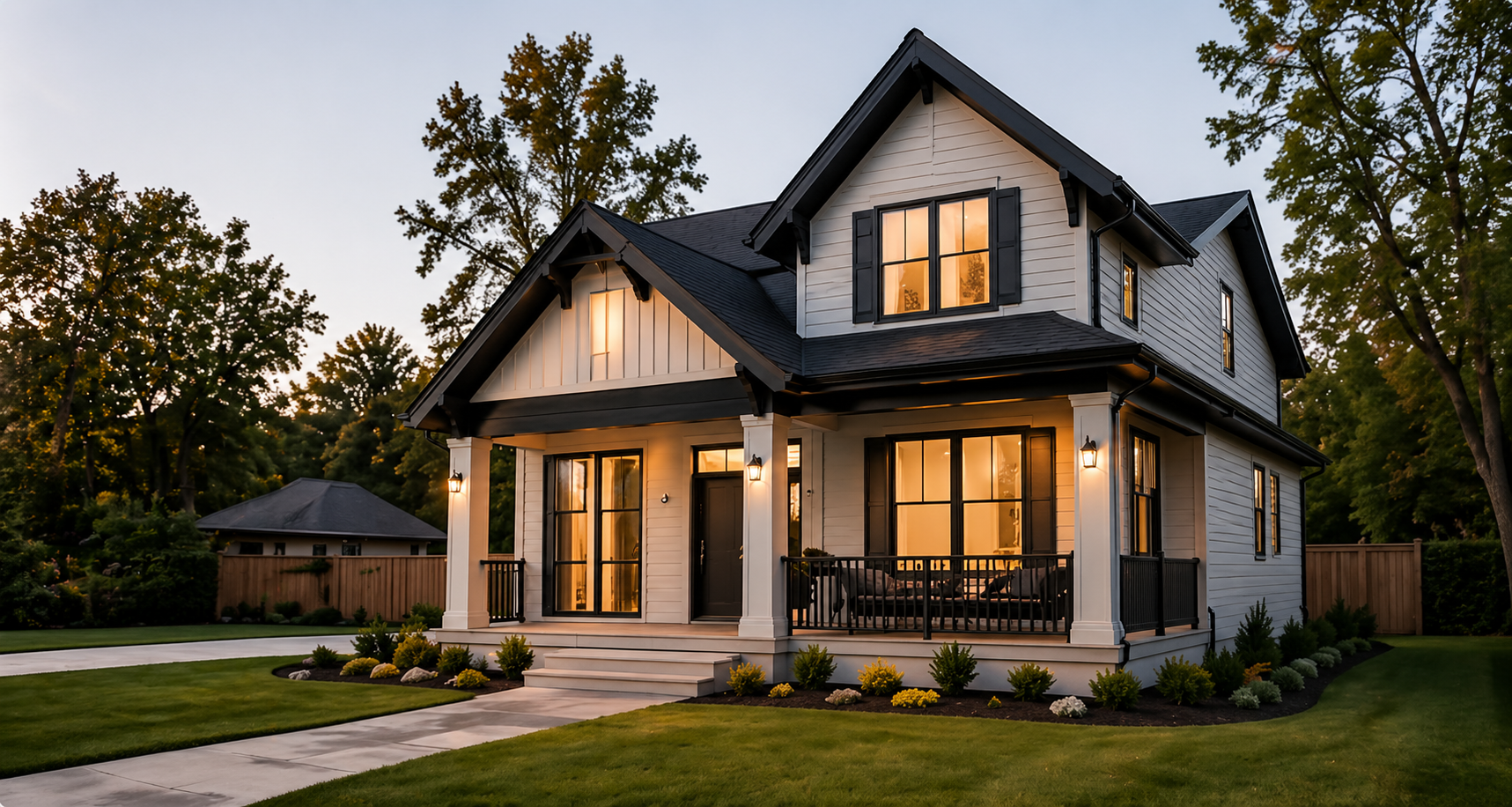 Front view of a modern two-story house with large windows, a porch with steps, black trim and fencing, surrounded by a well-manicured lawn and trees at sunset.