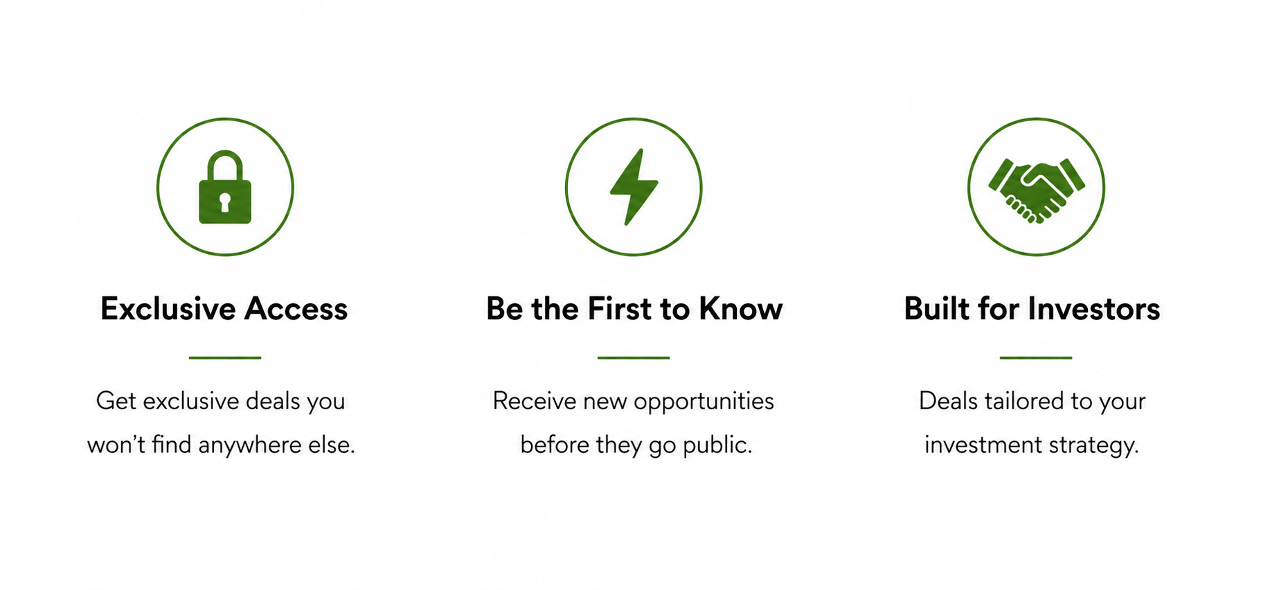 Three icons with captions: a padlock labeled 'Exclusive Access', a lightning bolt labeled 'Be the First to Know', and a handshake labeled 'Built for Investors'. Each icon has a brief description below explaining benefits like exclusive deals, early opportunities, and tailored investment strategies.