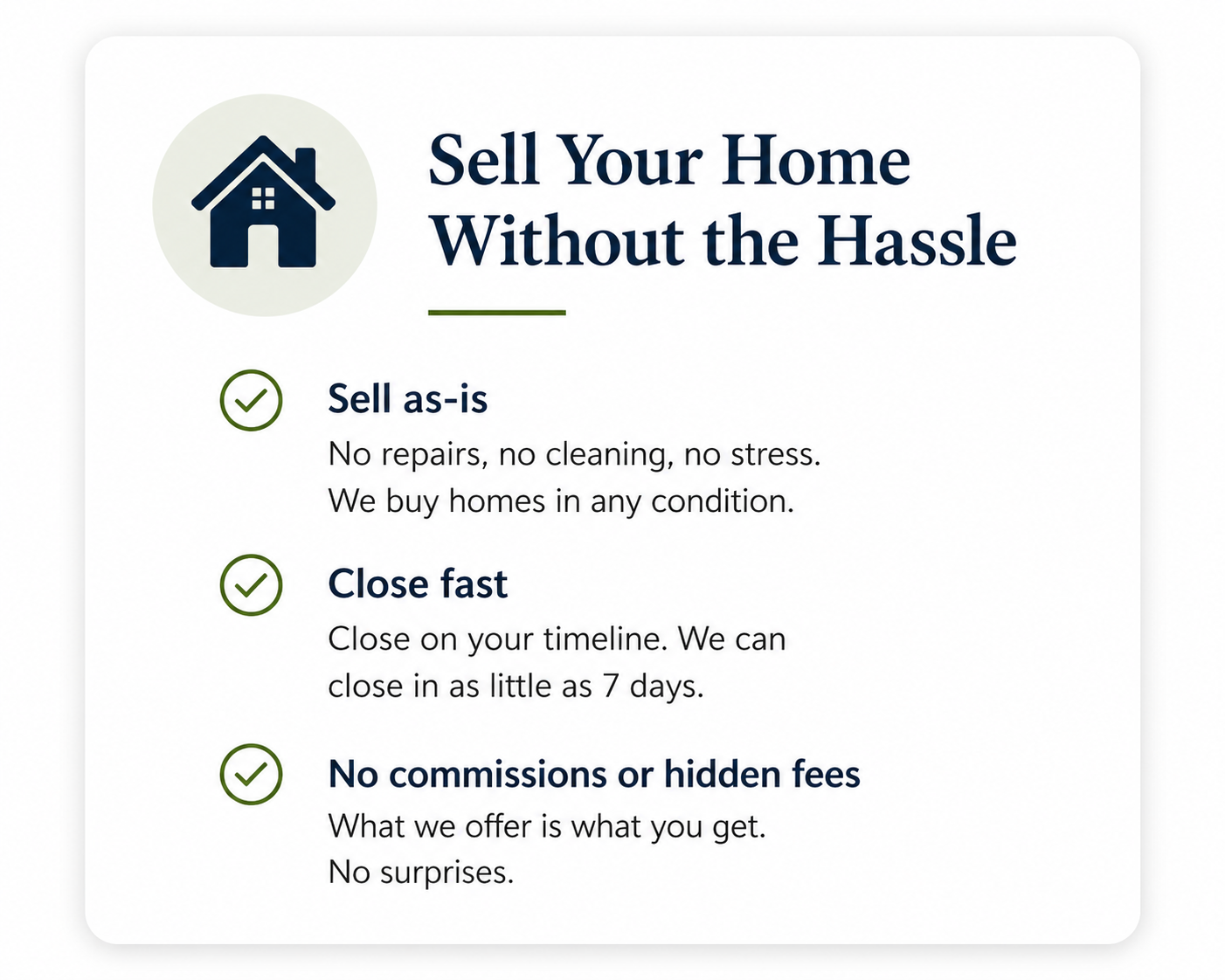 Flyer with a house icon and text promoting hassle-free home selling, highlighting selling as-is, quick closing, and no hidden fees.