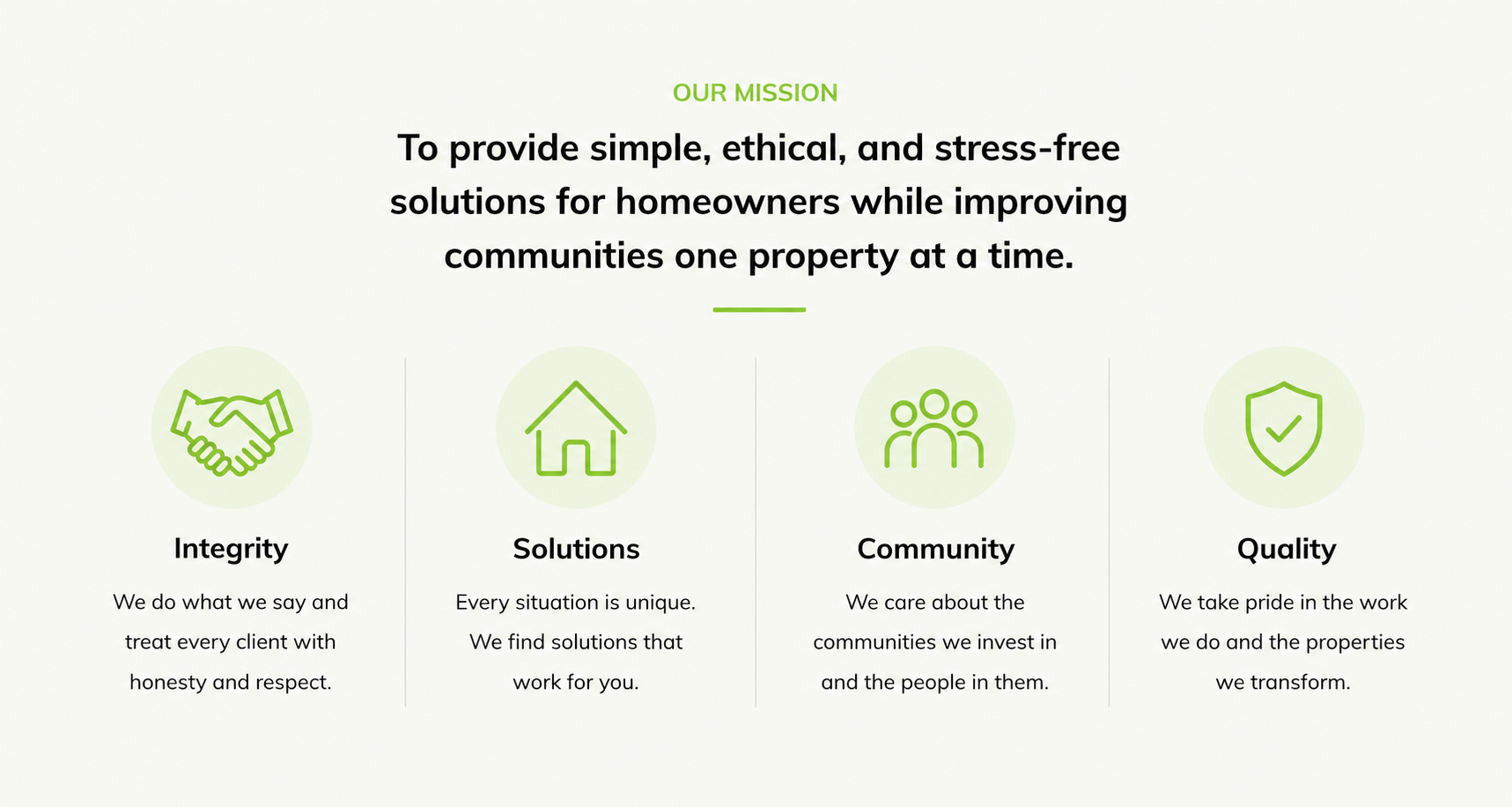 A webpage displaying a company's mission statement and core values, including integrity, solutions, community, and quality with icons and descriptions.