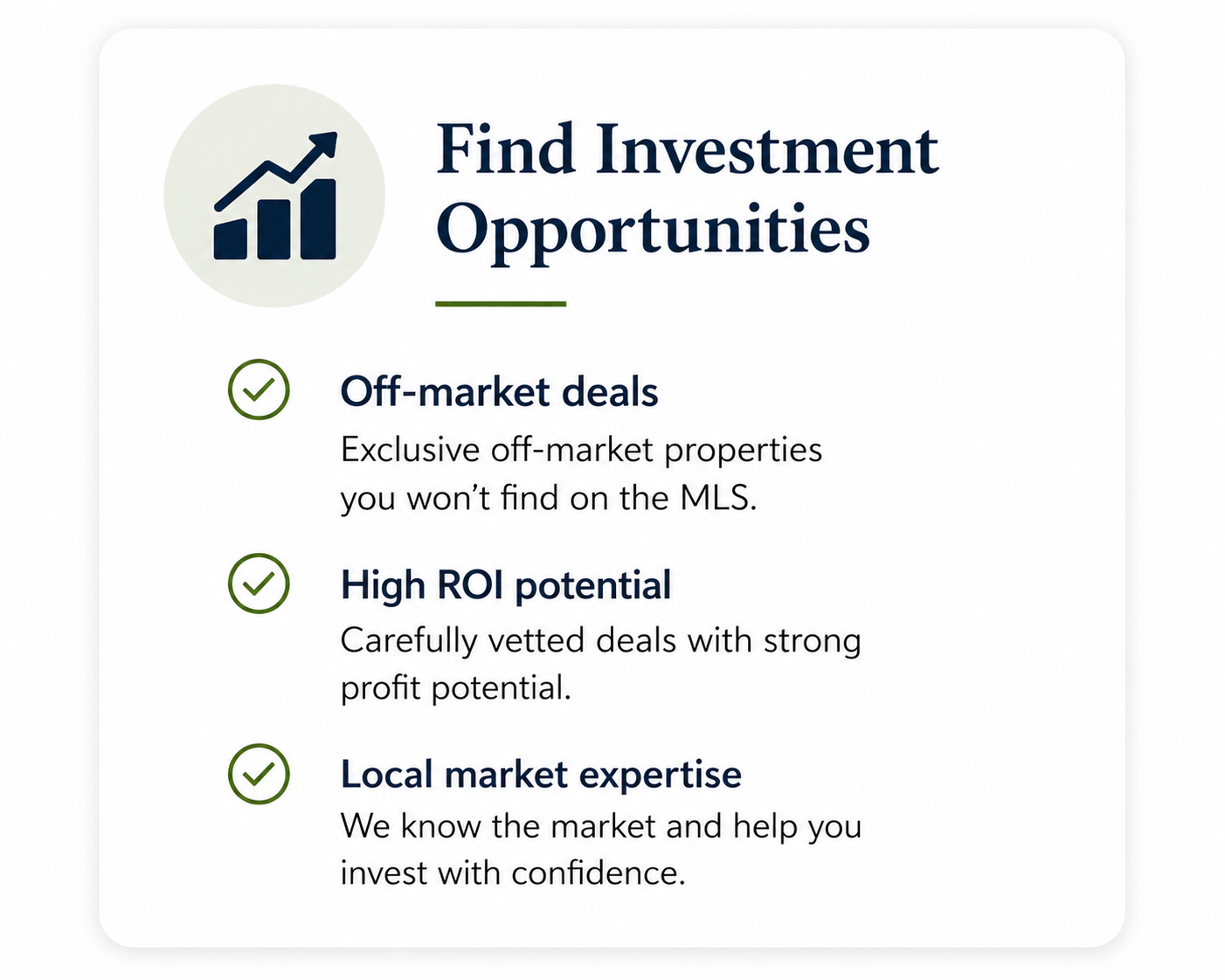 A digital infographic titled "Find Investment Opportunities" with three key points: Off-market deals with a check mark, High ROI potential with a check mark, and Local market expertise with a check mark. The points describe exclusive off-market properties, deals with strong profit potential, and market knowledge for confident investing.