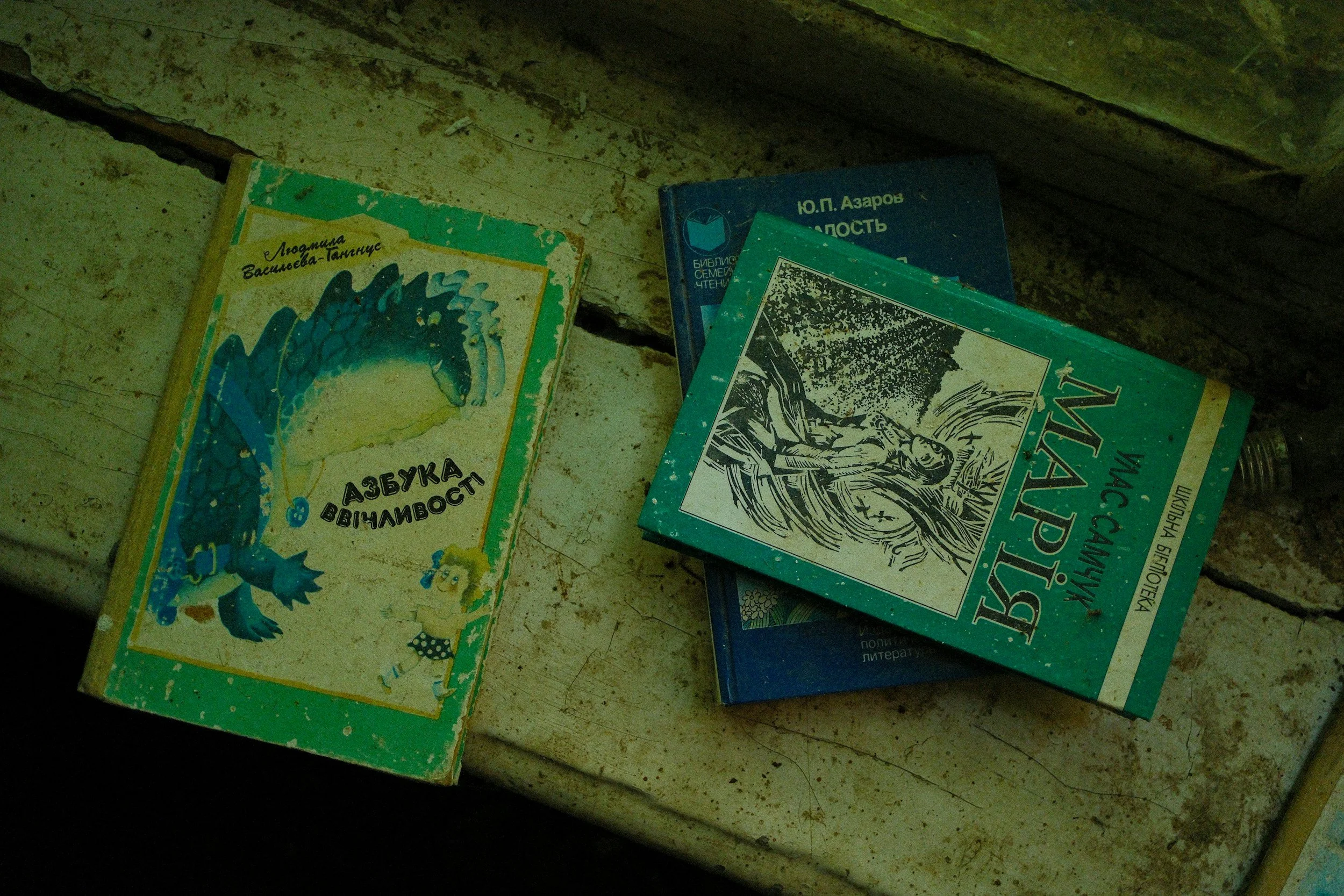 A collection of old, worn books lying on a dusty, dirty wooden surface. The books have weathered covers and are written in Cyrillic script.