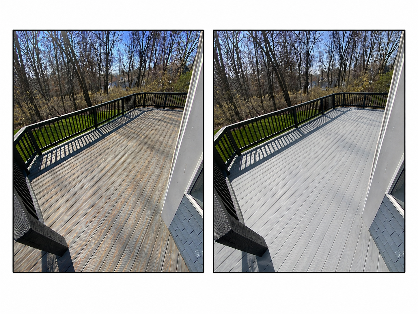 Comparison of a wooden deck before and after it has been painted or stained. The left side shows the weathered, stained wood, while the right side shows the freshly painted or stained surface.