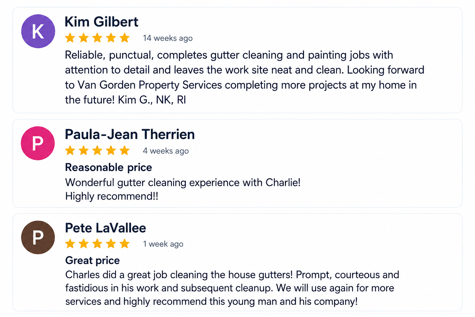 Three 5-star customer reviews for Van Gorden Property Services featuring gutter cleaning and painting services in North Kingstown and Rhode Island.