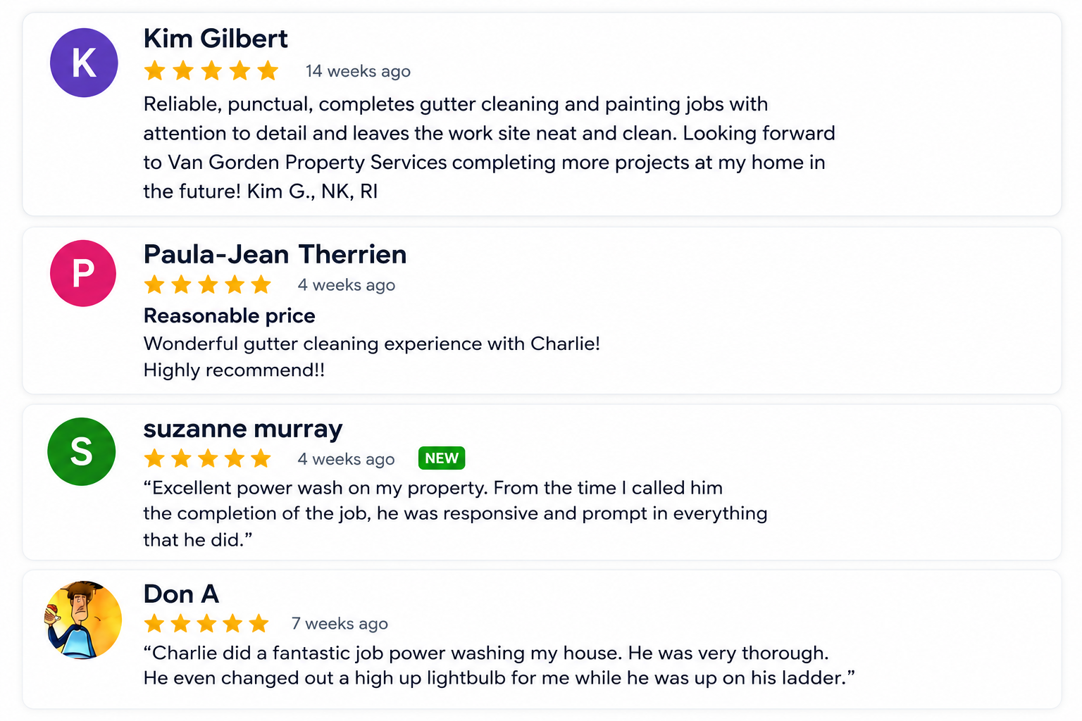 5-star customer reviews for Van Gorden Property Services featuring pressure washing, gutter cleaning, and painting services in Rhode Island