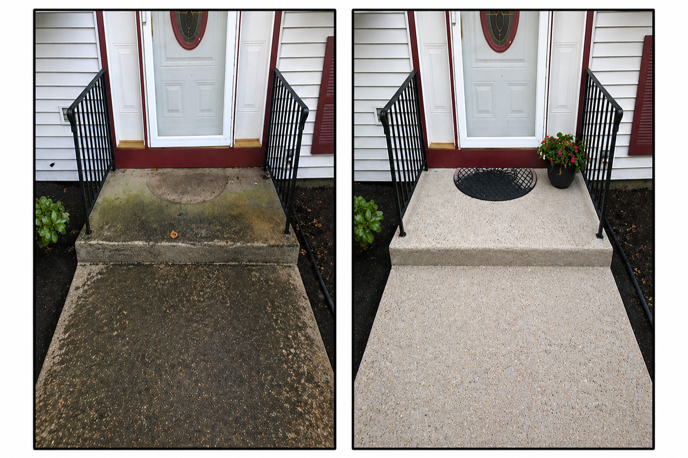 Before and after side-by-side images of a house porch showing the transformation from a dirty, stained concrete step to a clean, newly renovated concrete porch with a potted plant and rubber doormat.