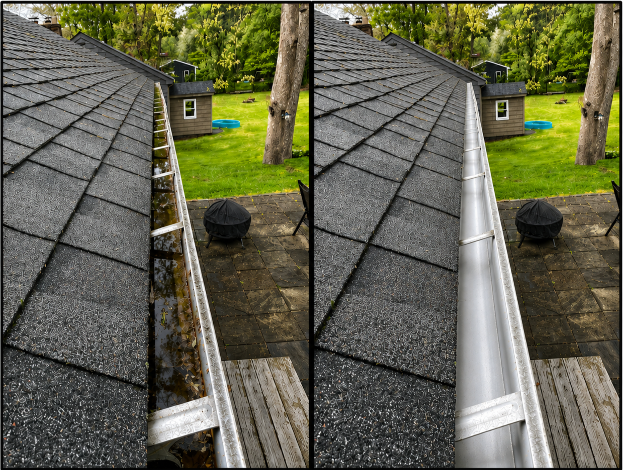Side-by-side comparison of a roof with clogged gutter filled with leaves and debris on the left, and a cleaned gutter on the right, in a backyard with a patio, tree, dog house, and lawn.