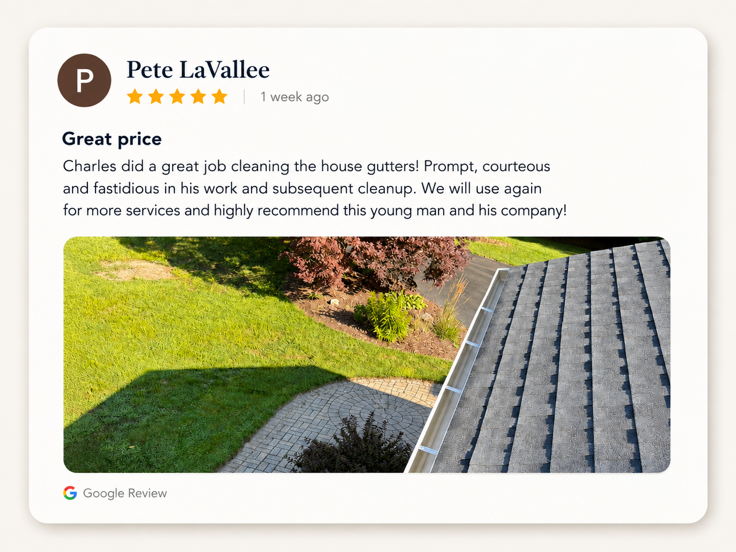 Google review of Van Gorden Property Services about 5 star gutter cleaning.