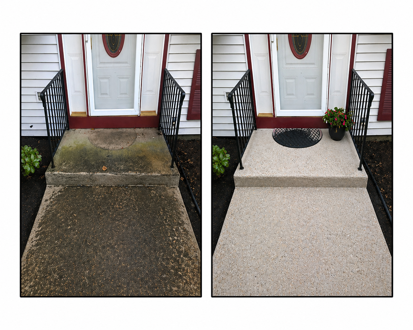 Comparison of a dirty, moss-covered front porch and a clean, newly renovated porch with fresh concrete and a potted plant that was just pressure washed in North Kingstown Rhode Island by Van Gorden Property Services.