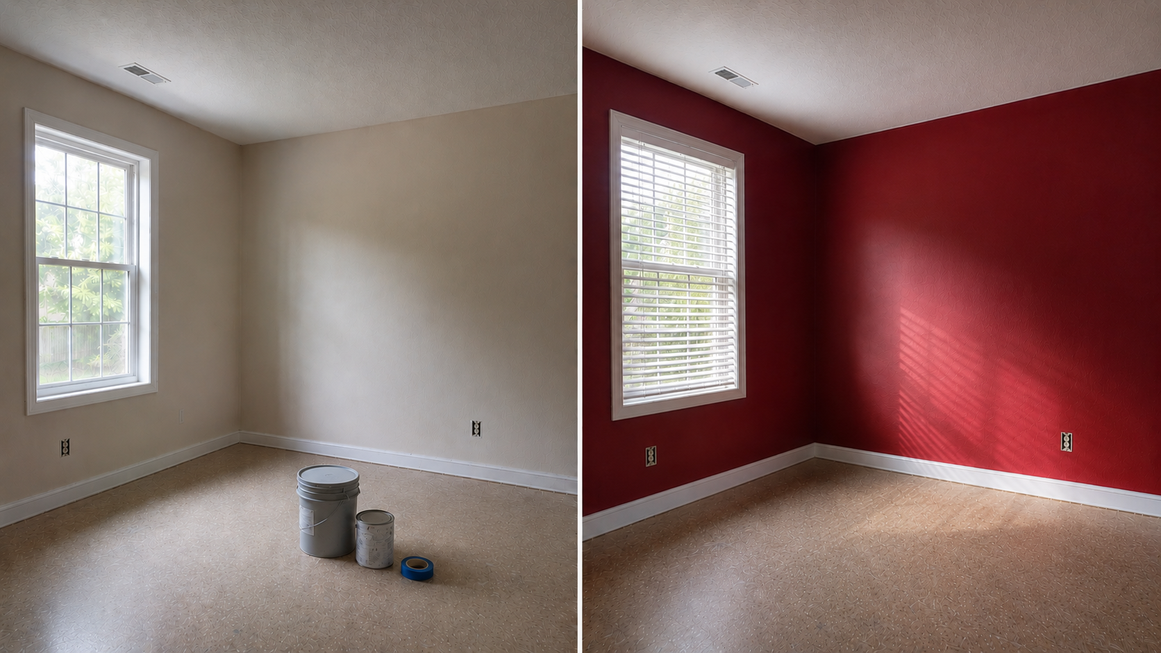 Side-by-side comparison of a room before and after painting. The left side shows the room with beige walls, a window, and painting supplies on the floor. The right side shows the same room with red walls and a window with blinds.