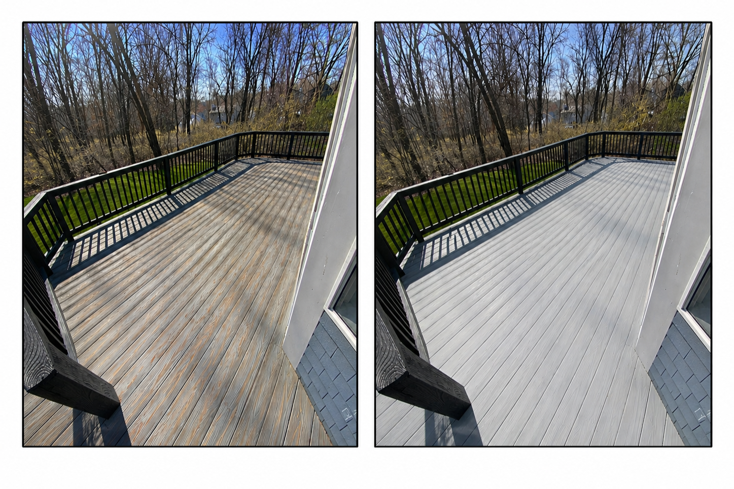 Comparison of a wooden outdoor deck before and after power washing, showing the deck's surface cleaning progress.