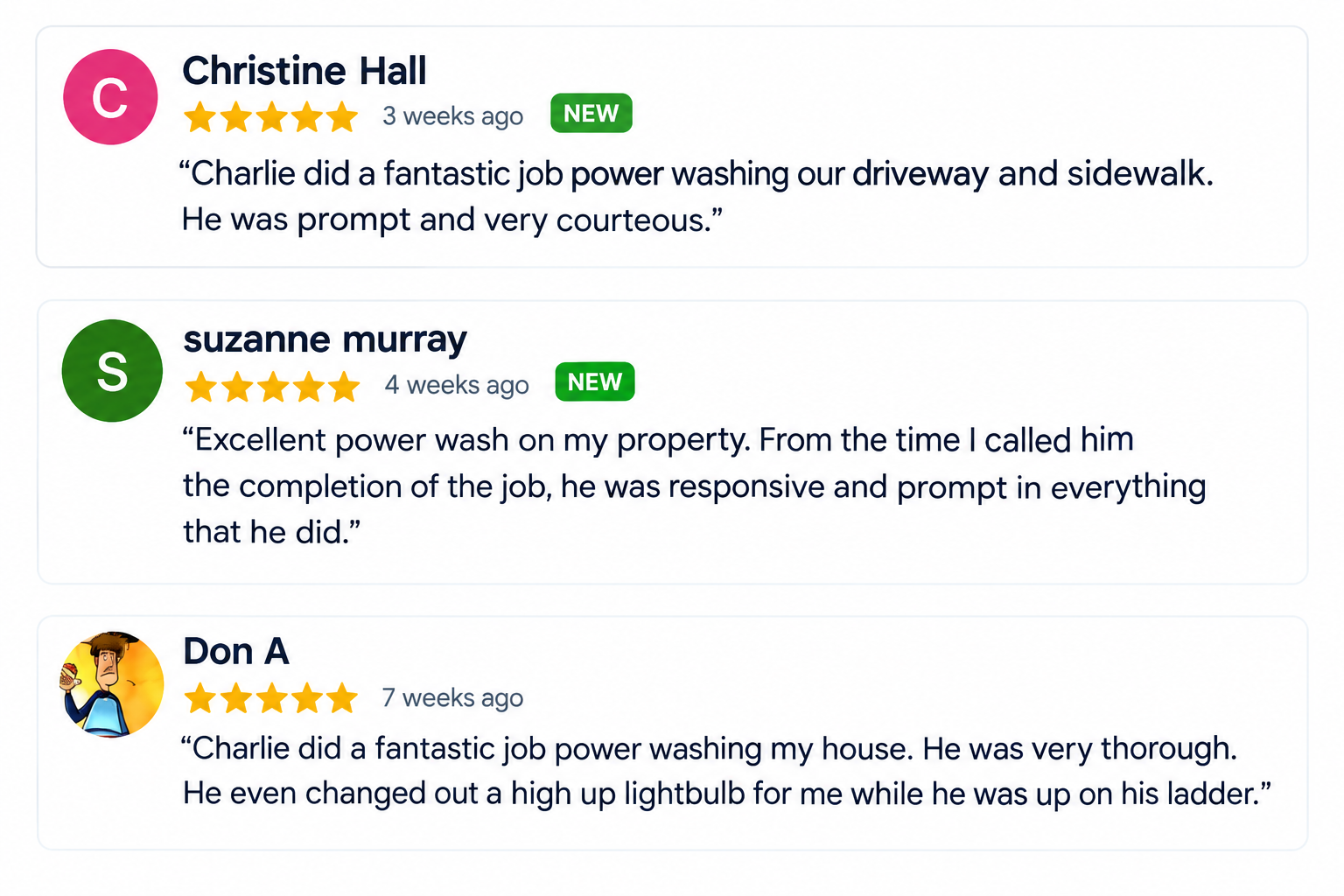 Customer reviews of 5 stay power washing services with star ratings and comments, under Van Gorden Property Services google business profile.