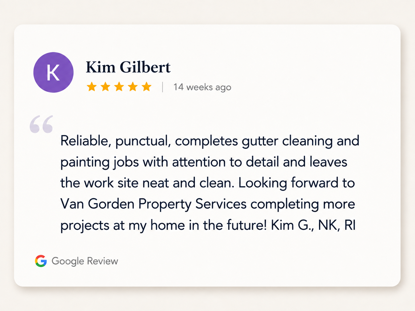 Google review for Van Gorden Property Services gutter cleaning with five-star rating, dated 14 weeks ago, praising her for gutter cleaning and painting jobs, closed with a note about wanting to work with her again in the future.