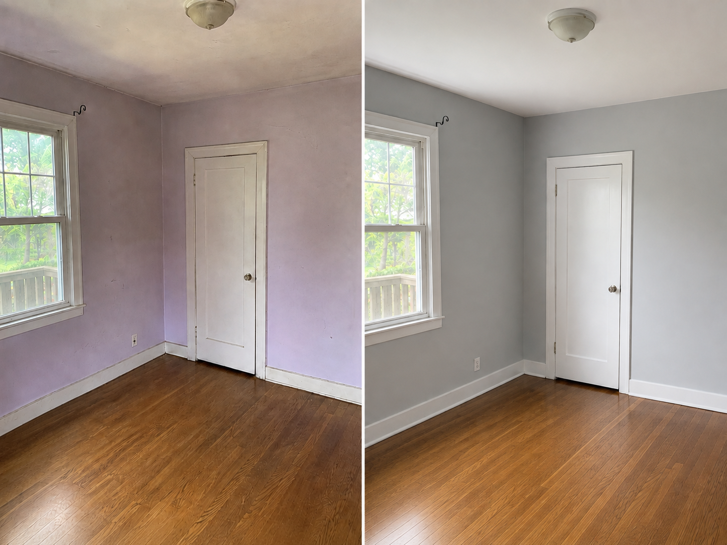 Comparison of two rooms showing a before and after of interior wall repainting. The left room has purple walls with visible dirt and wear, while the right room has light gray walls and appears freshly painted and clean.