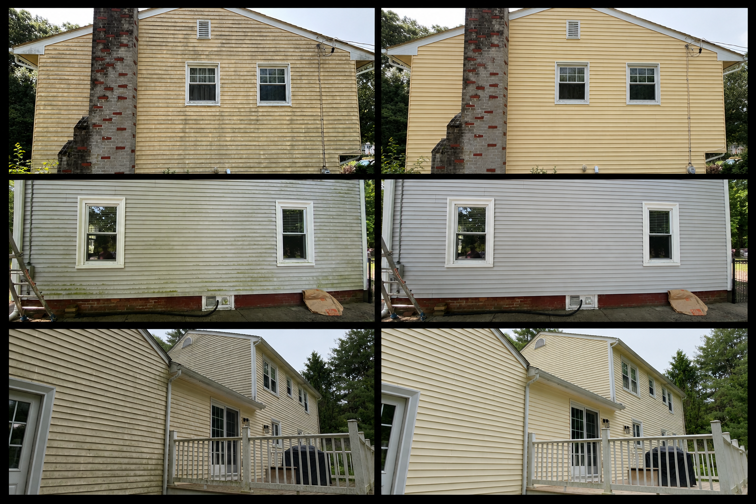 Comparison of house exteriors before and after power washing and siding replacement; top row shows house with dirty, stained siding before cleaning or replacement, right side after siding replacement with clean, tan siding; middle row shows back of house before cleaning with moss and dirt, after cleaning with clean siding; bottom row shows side view of house with deck before cleaning, after cleaning with new siding and clean exterior.