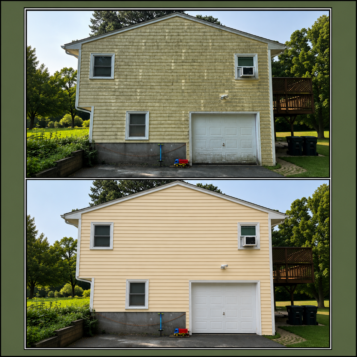 Side-by-side comparison of house exterior before and after soft washing in North Kingstown Rhode Island done by Van Gorden Property Services LLC