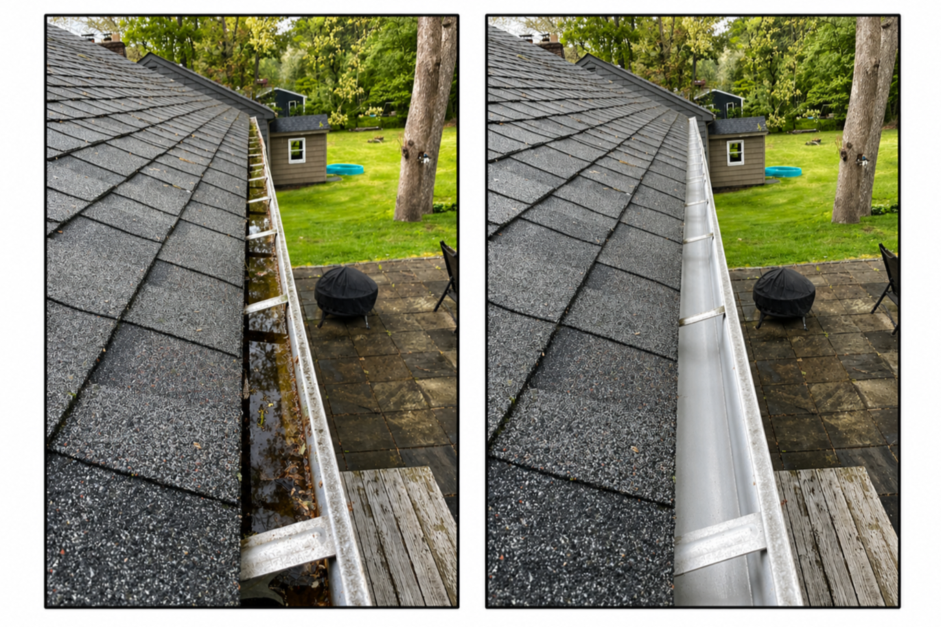 Side-by-side comparison of a roof's gutter, showing an old rusty gutter on the left and a new clean gutter on the right, with a backyard in the background.