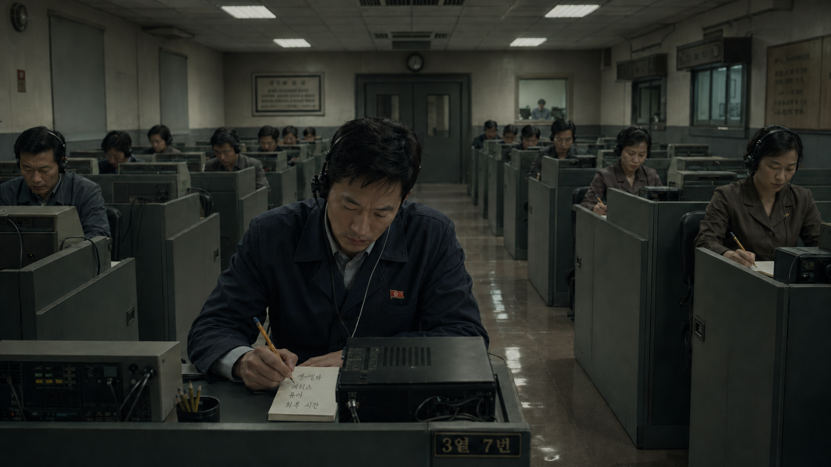 A headset-wearing analyst writes in a notebook inside a dim control room with monitors and workstations.