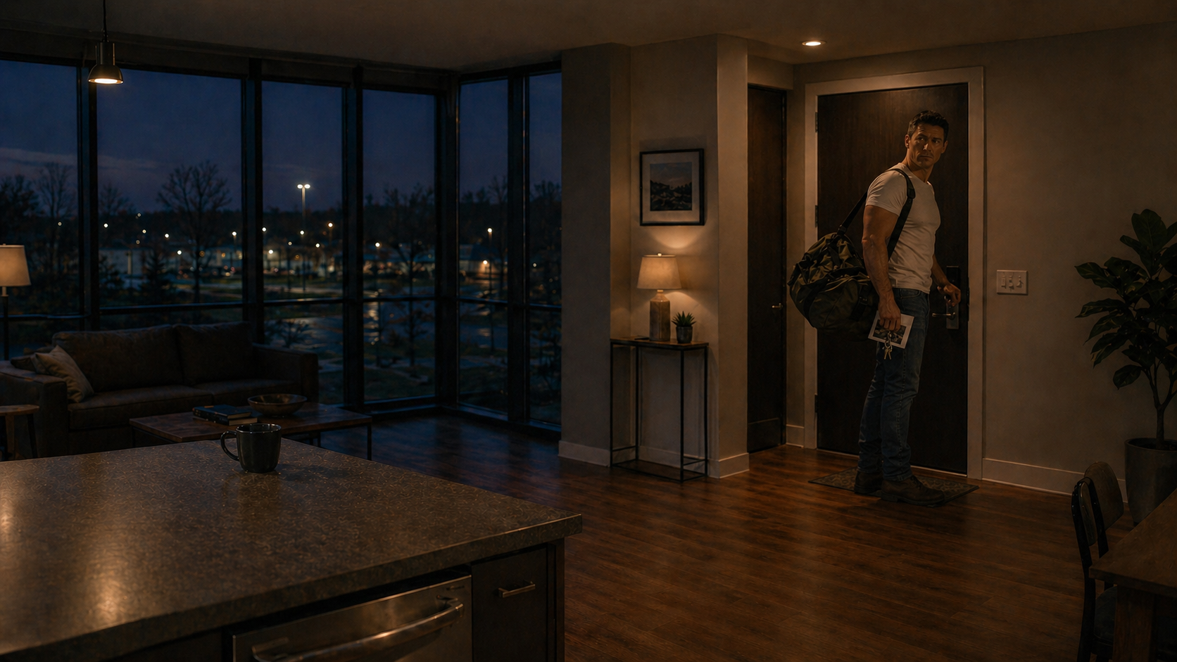Scene from Silent Minds showing a man arriving at an apartment door at night with photos in hand.