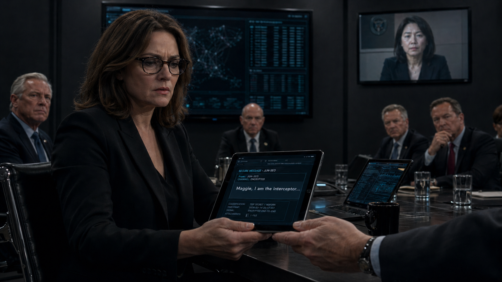 A woman in a dark conference room reads a tablet displaying the message, “Maggie, I am the interceptor.”